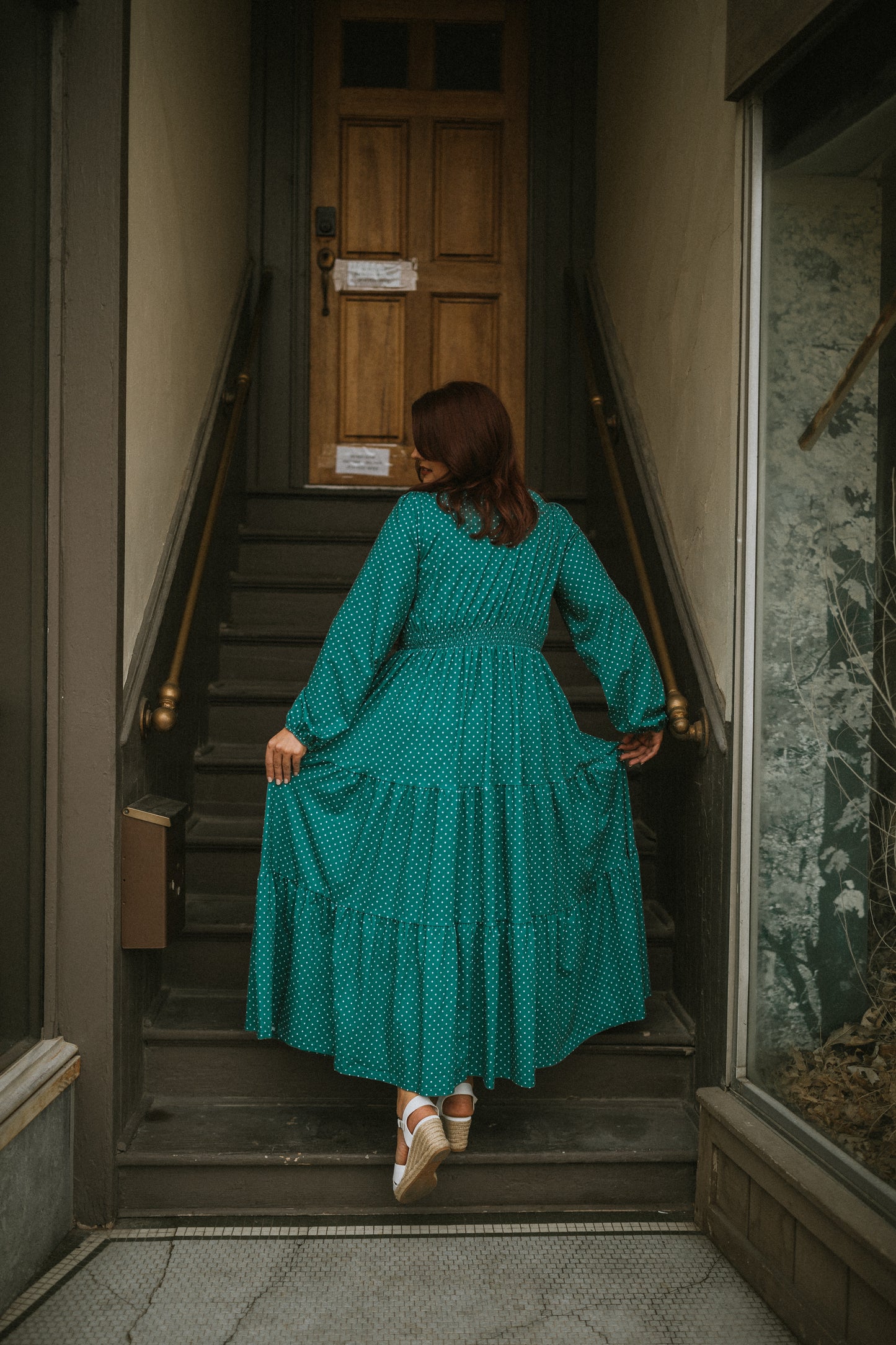 woman wearing modest nursing dress