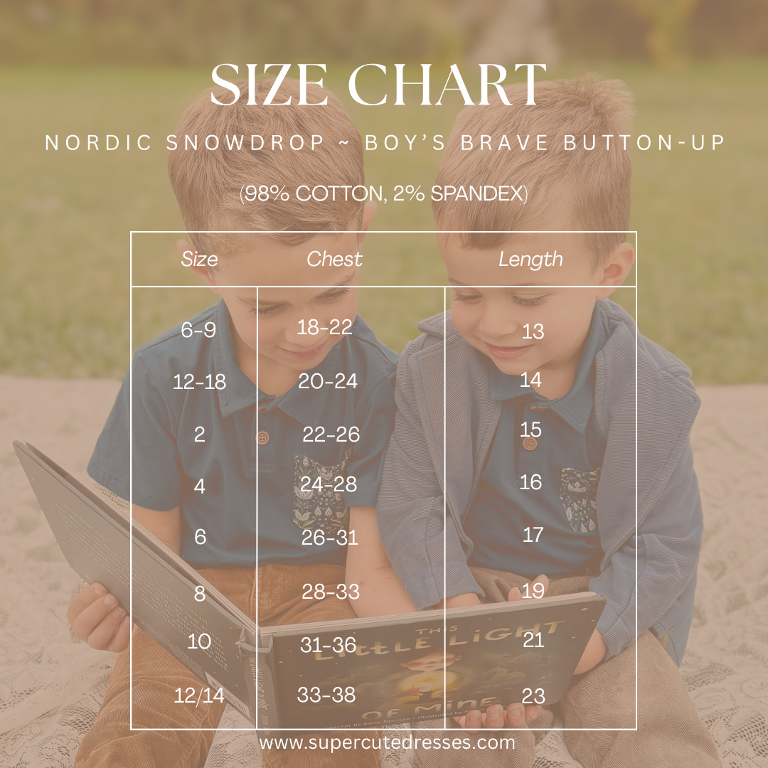 Two boys reading with size chart overlay