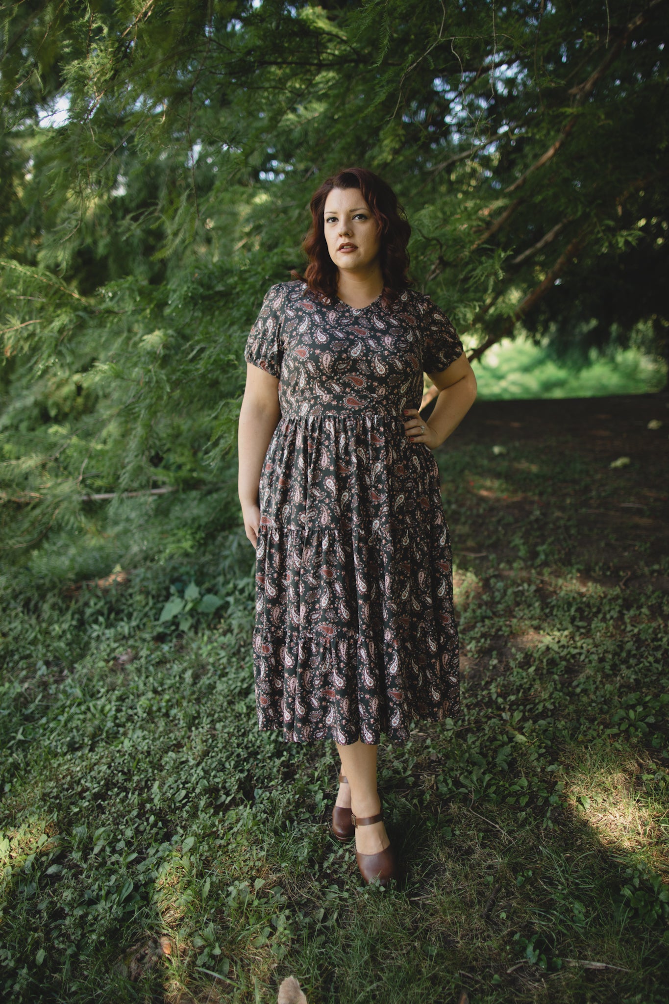 woman wearing a modest nursing floral dress