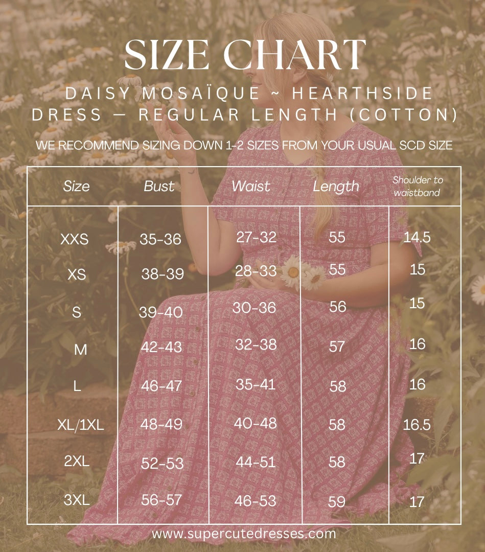 Size chart for Daisy Mosaèque Hearthside modest nursing dress with a blurred background of a person wearing the dress.