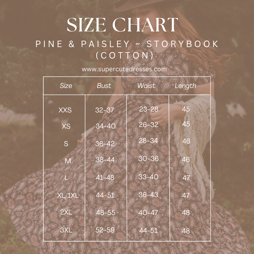 Size chart for Pine & Paisley Storybook dress with a model wearing the dress.