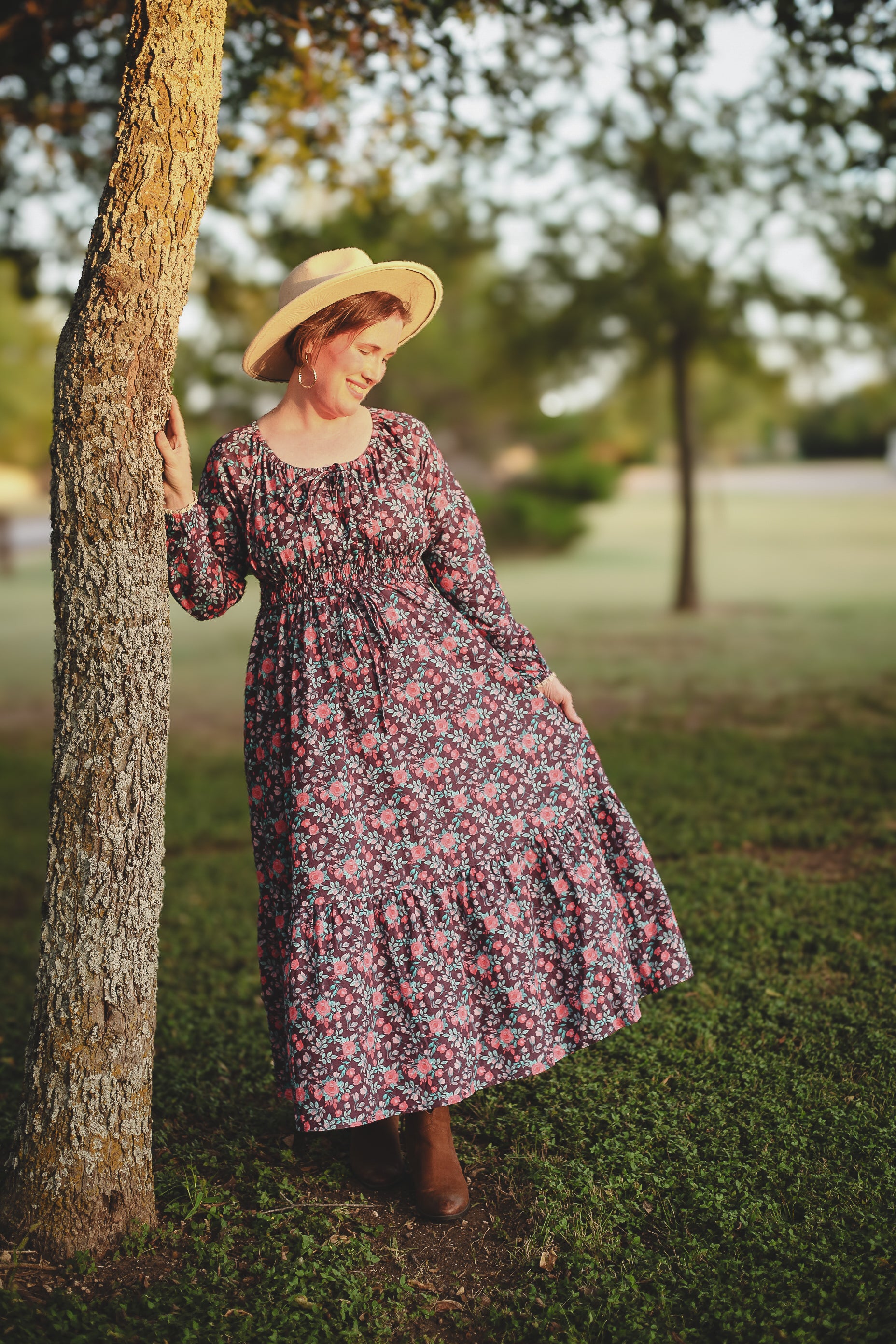Woman in modest nursing floral dress