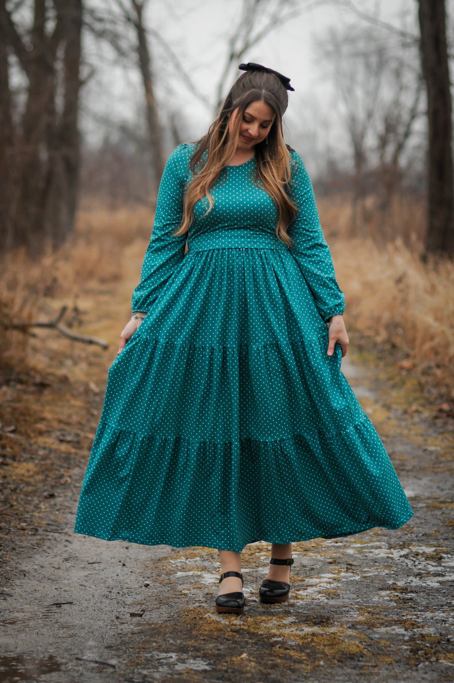 woman wearing modest nursing dress
