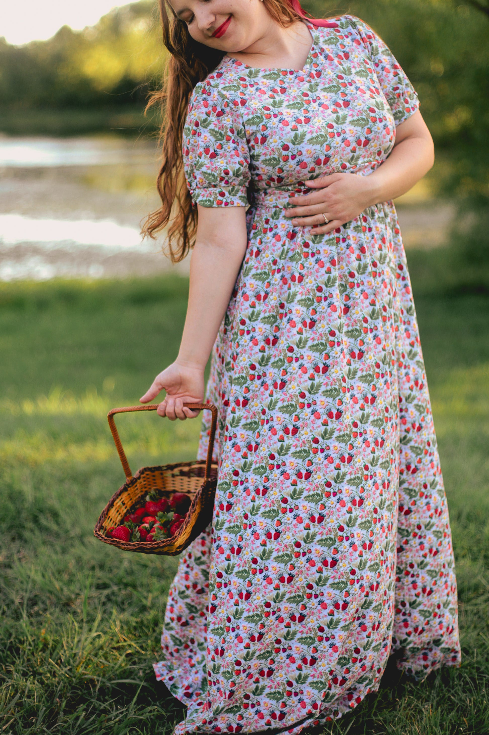 Woman in a floral modest nursing dress.