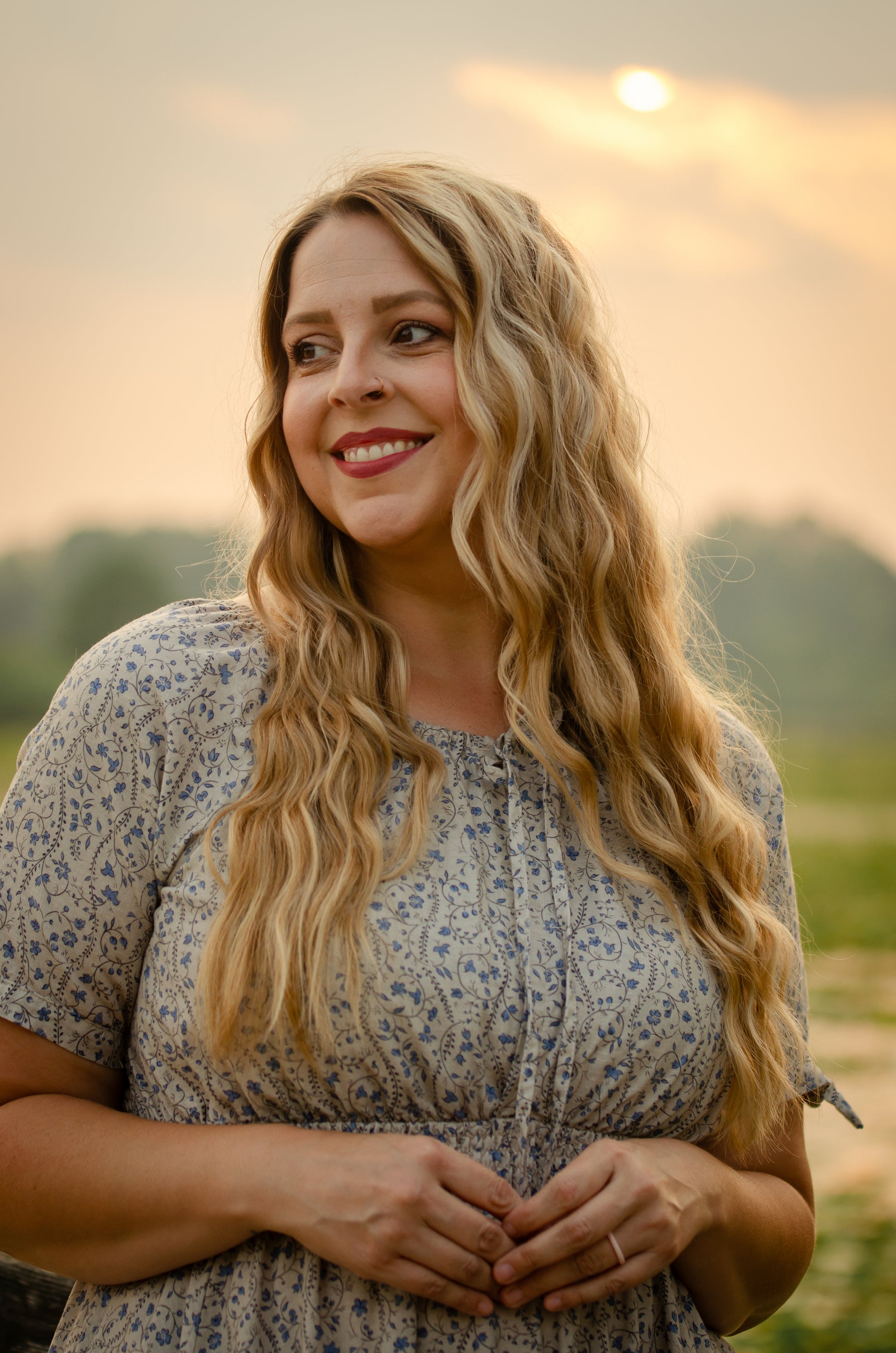 woman in patterned modest nursing dress