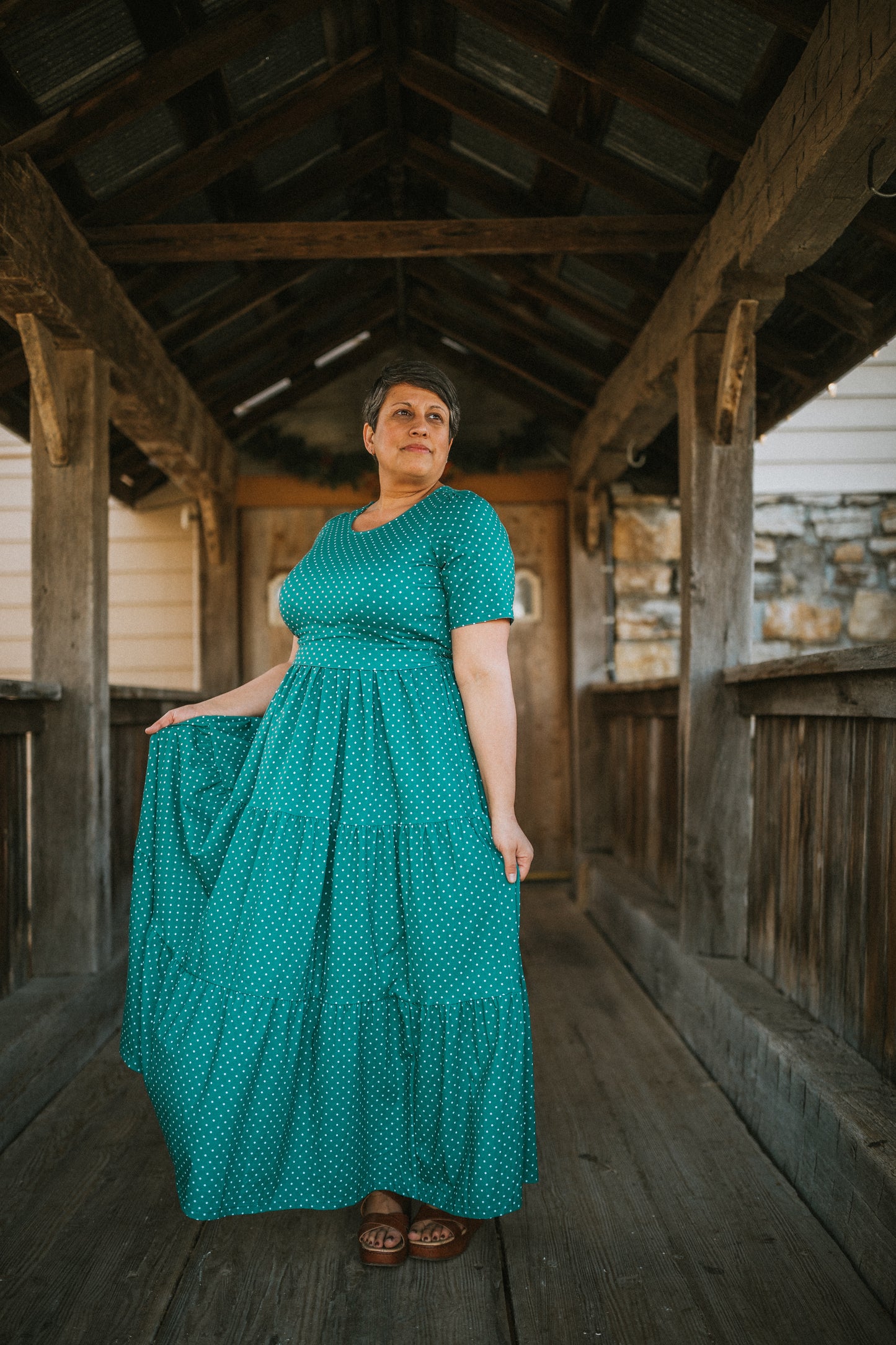 woman wearing modest nursing dress