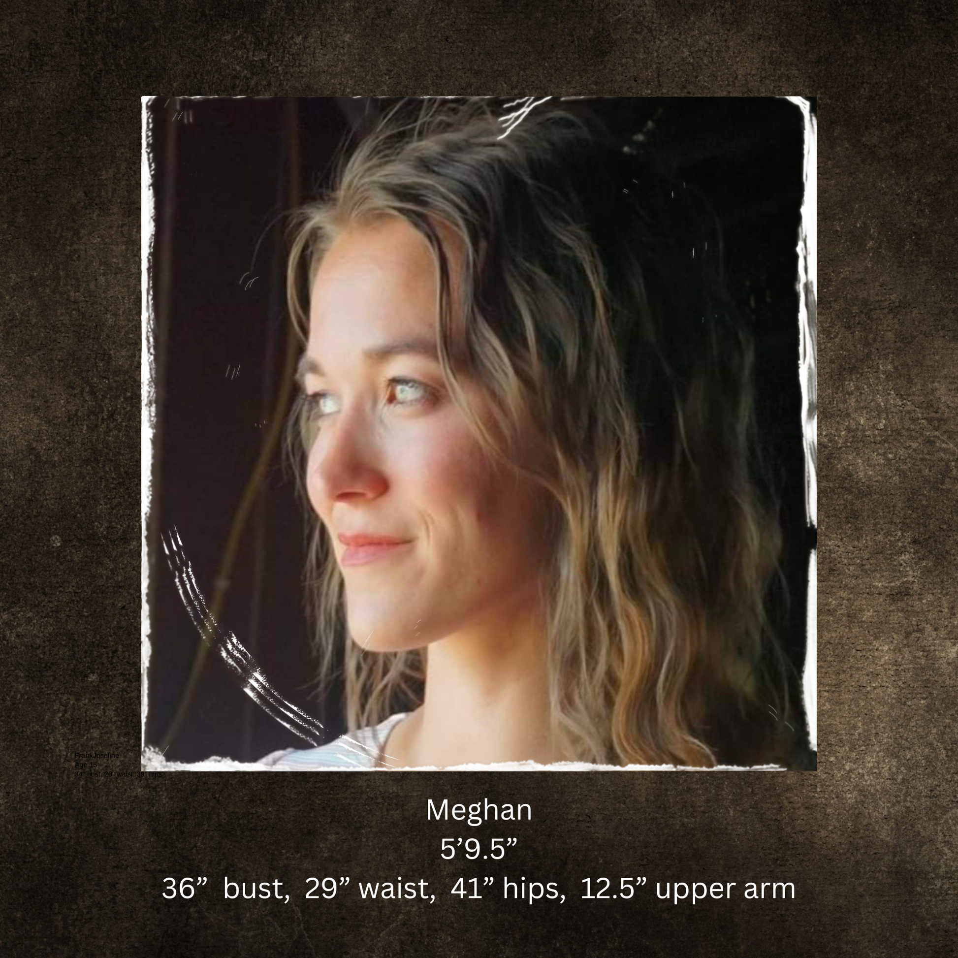 Portrait of a woman with text providing measurements on a dark background