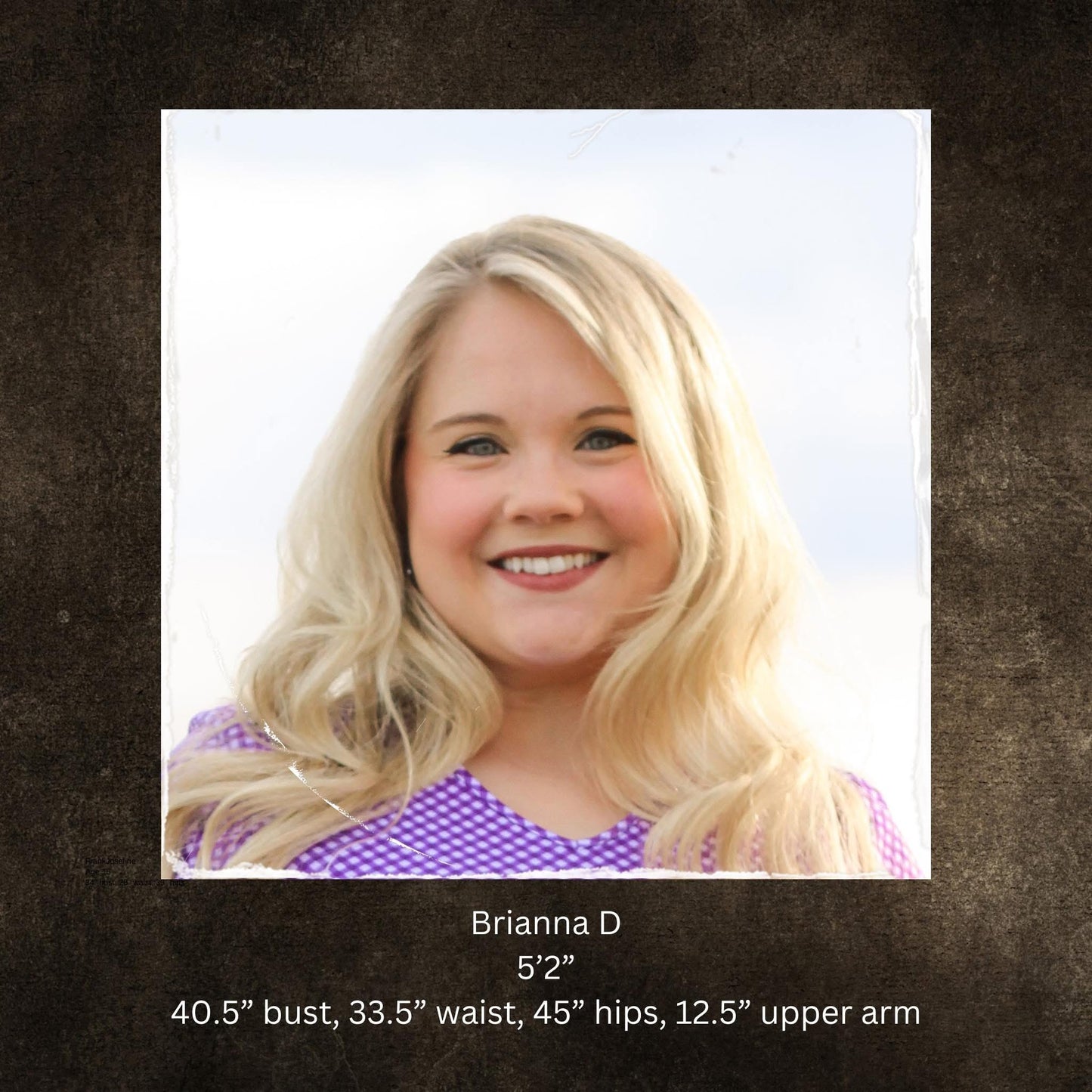 Woman with blonde hair and a purple top on a brown background