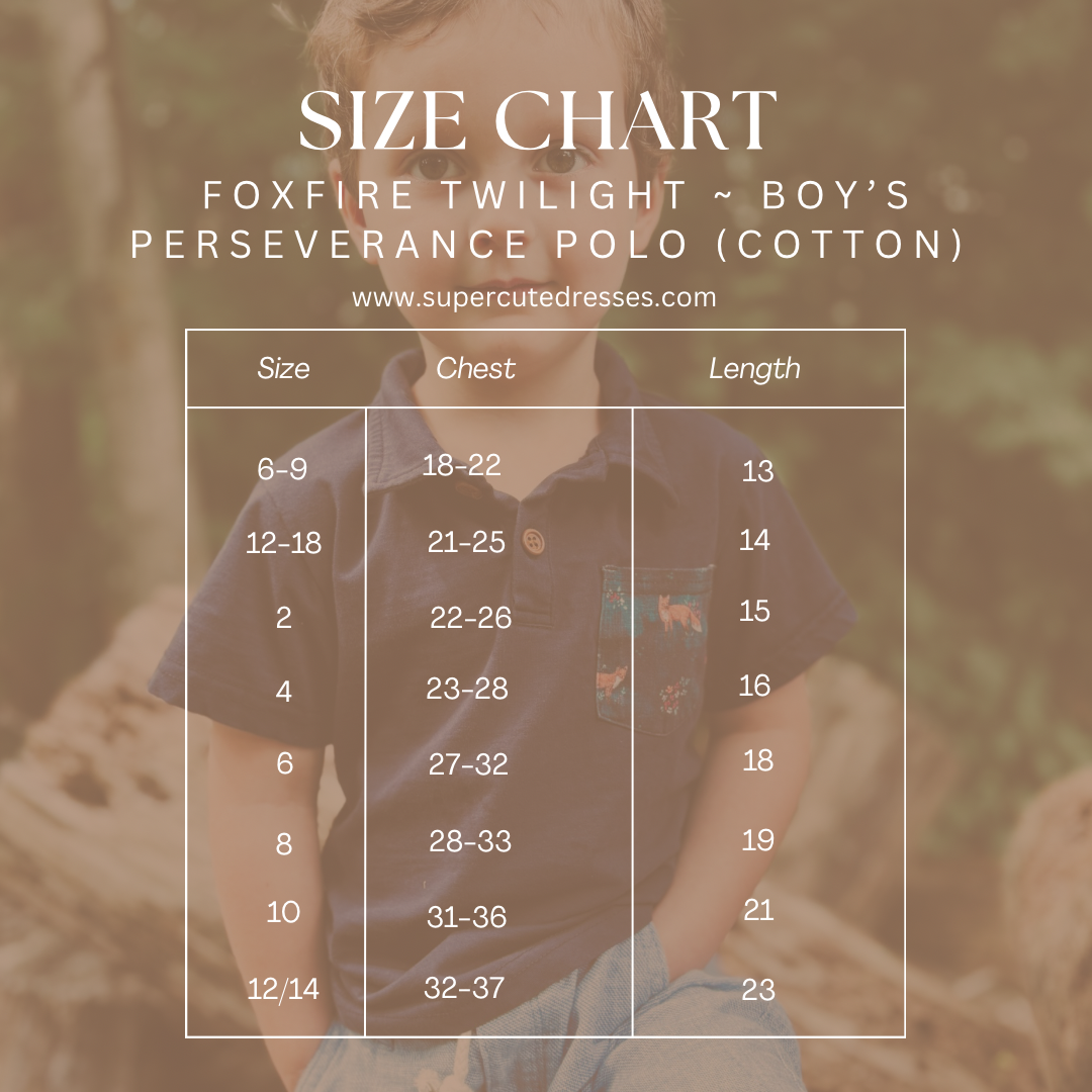 Size chart for boy's perseverance polo shirt.