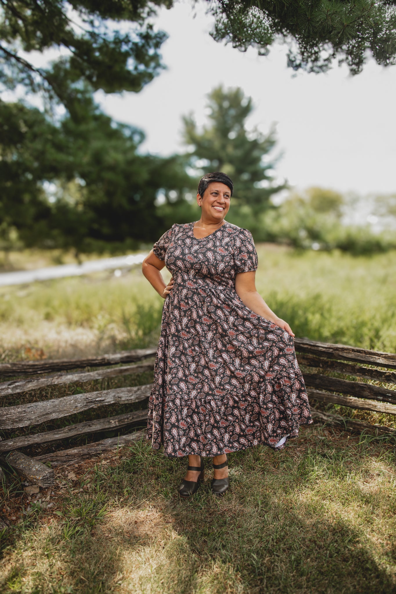 woman wearing a modest nursing floral dress