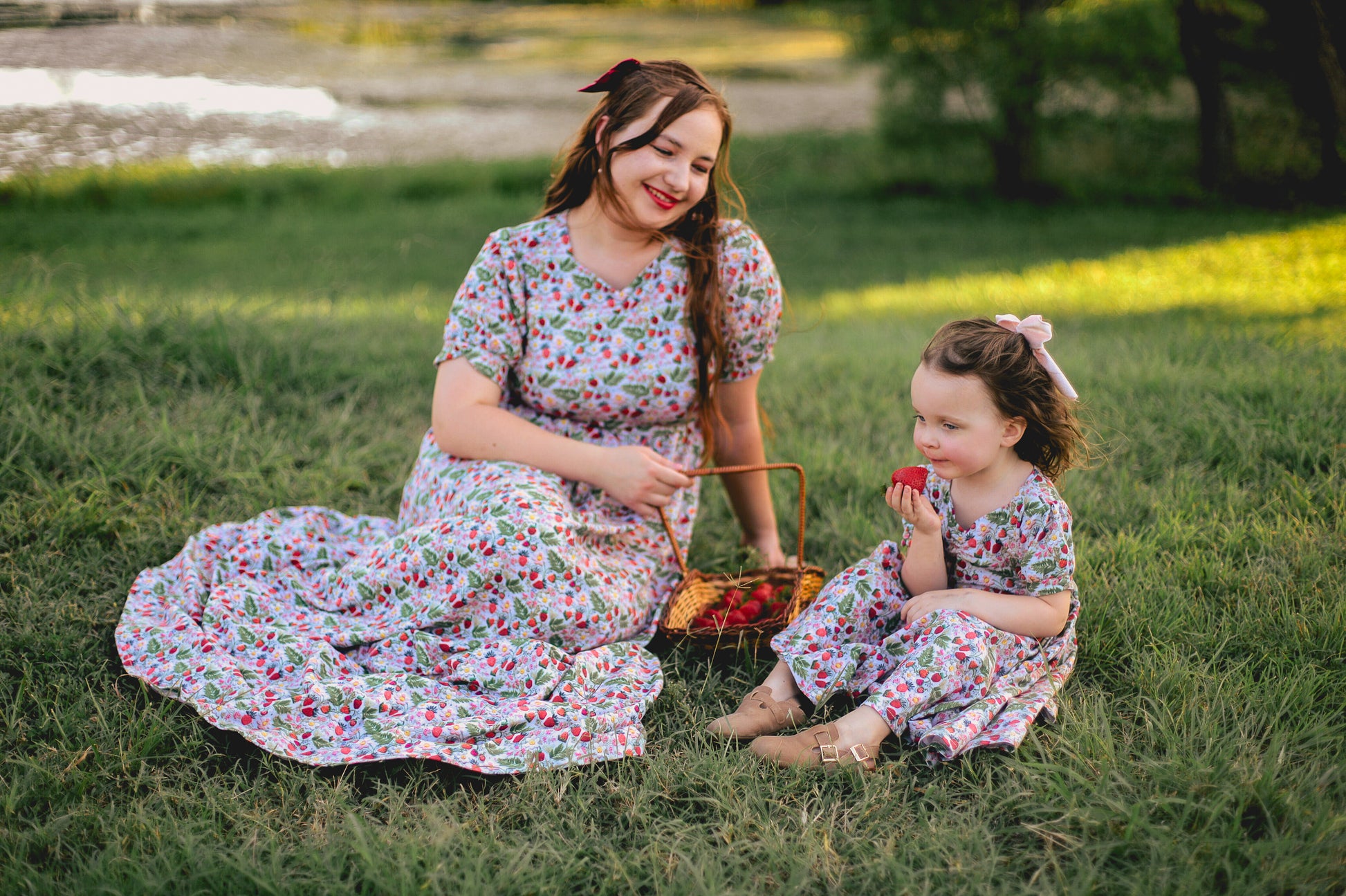 Woman in a floral modest nursing dress