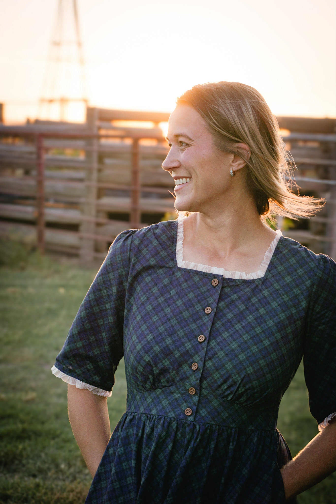 woman wearing a modest nursing blue patterned dress
