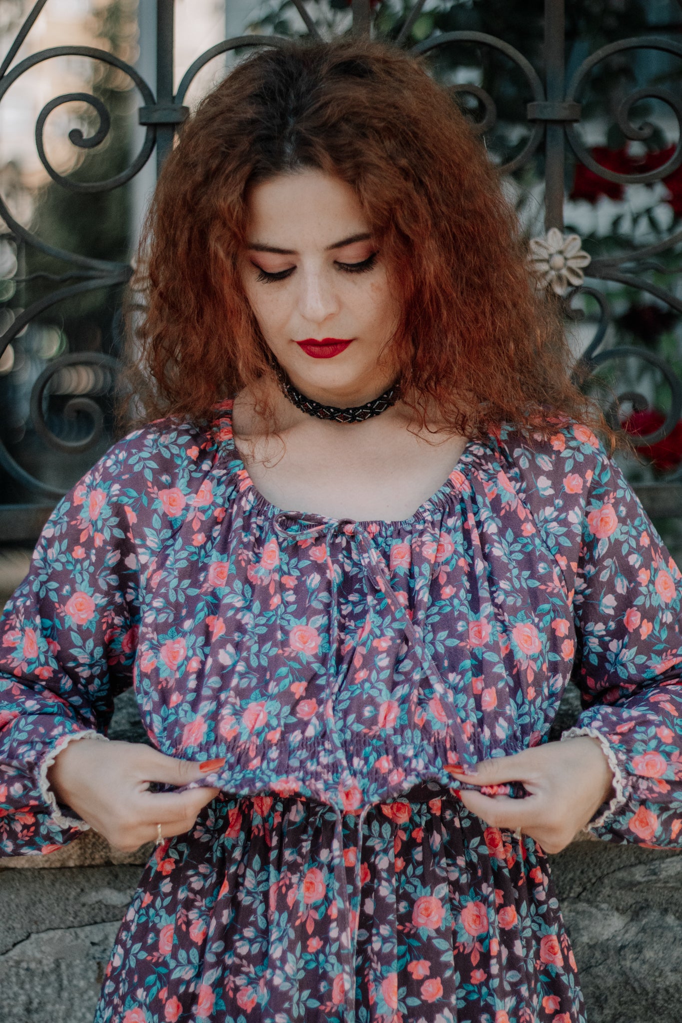 Woman in modest nursing floral dress