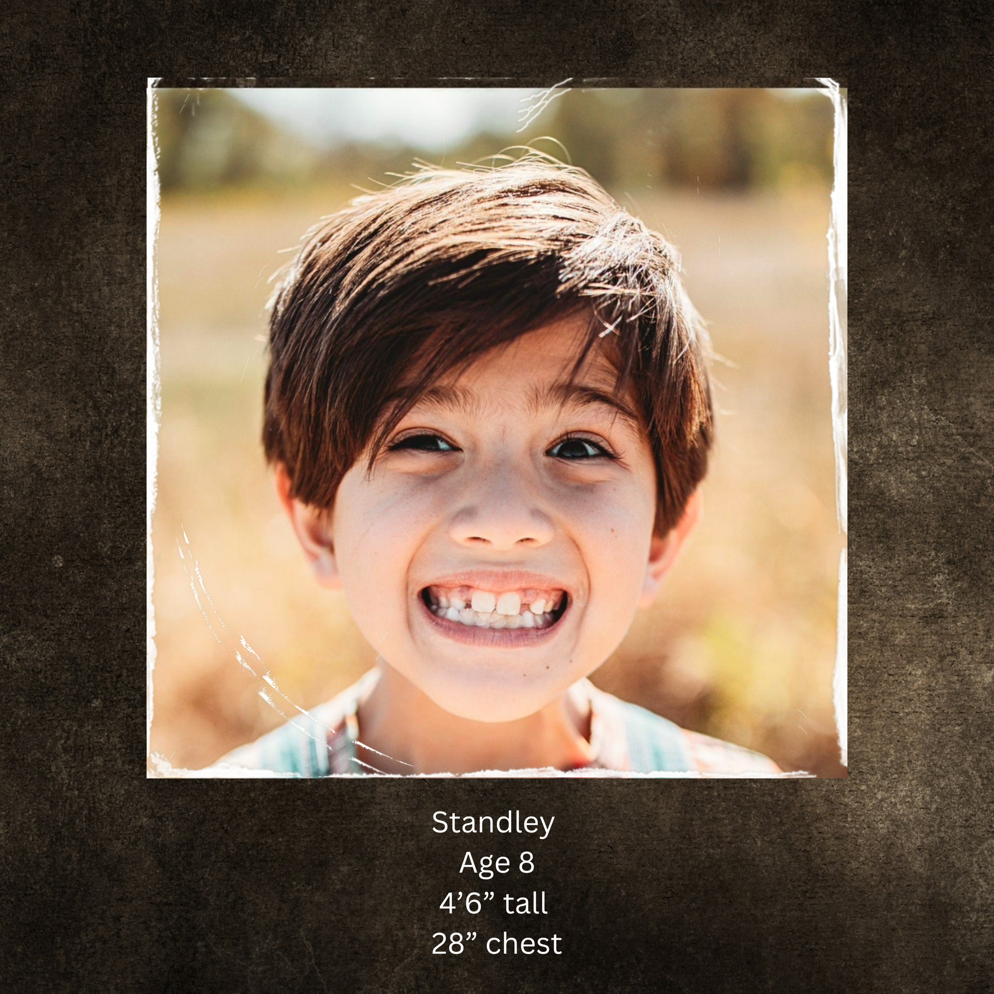 Young boy smiling outdoors with text about his height and chest size.