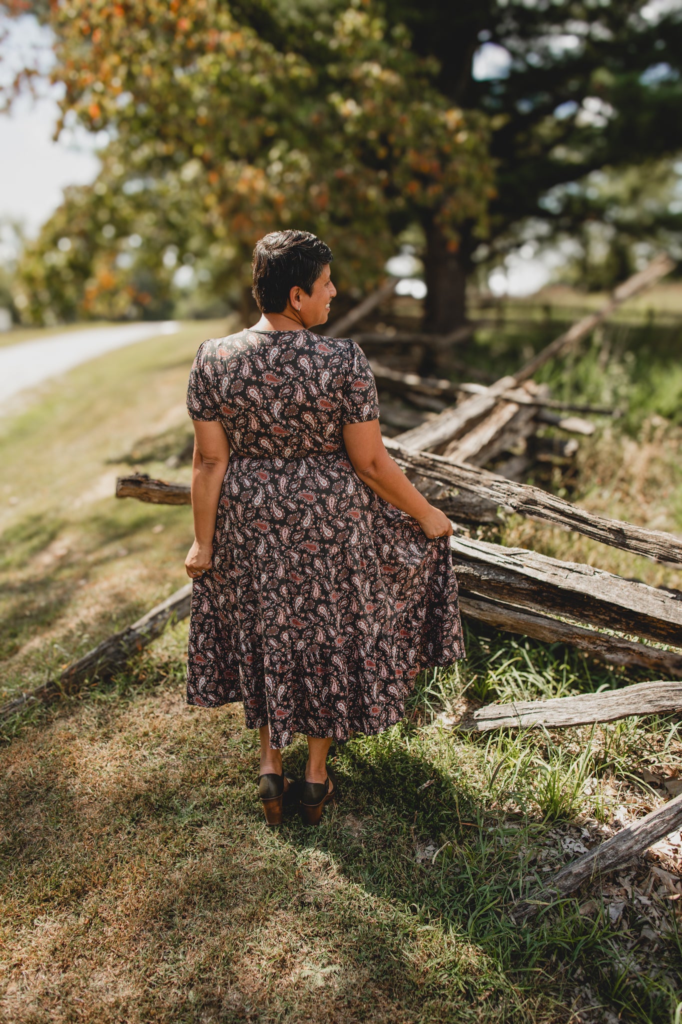 woman wearing a modest nursing floral dress