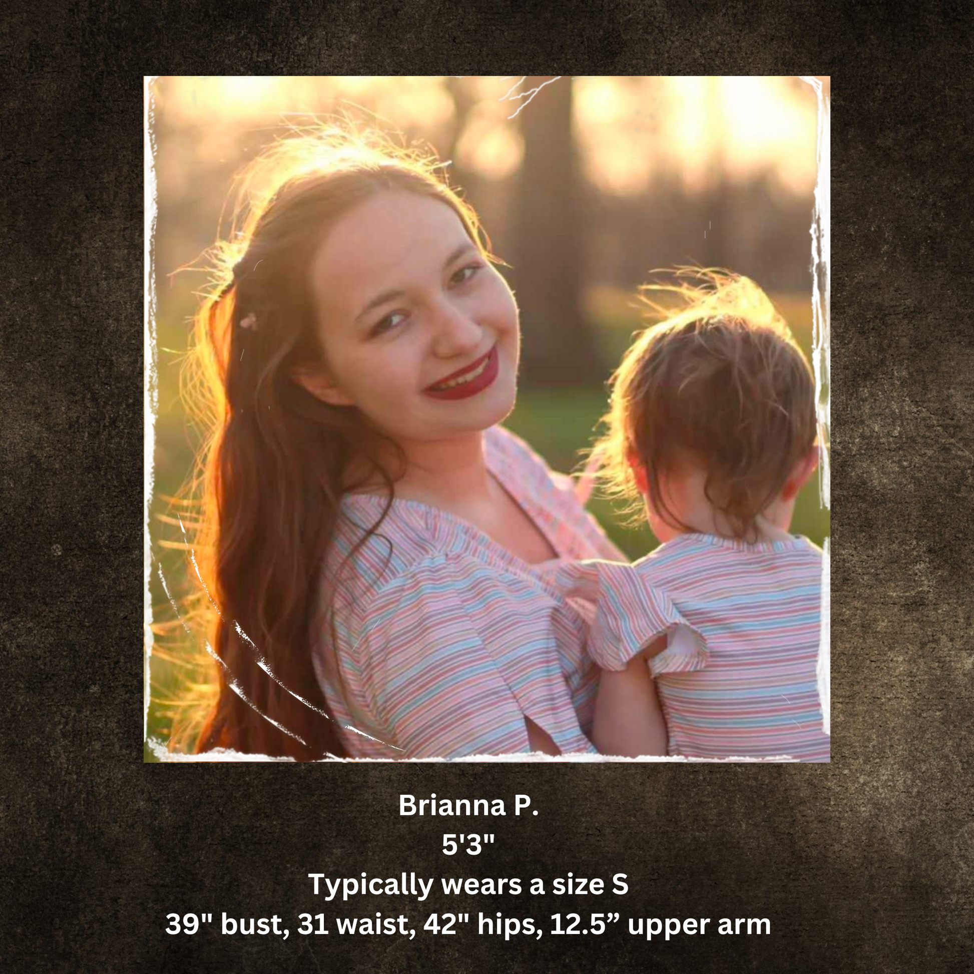 Mother in modest nursing dress holding child outdoors with testimonial text