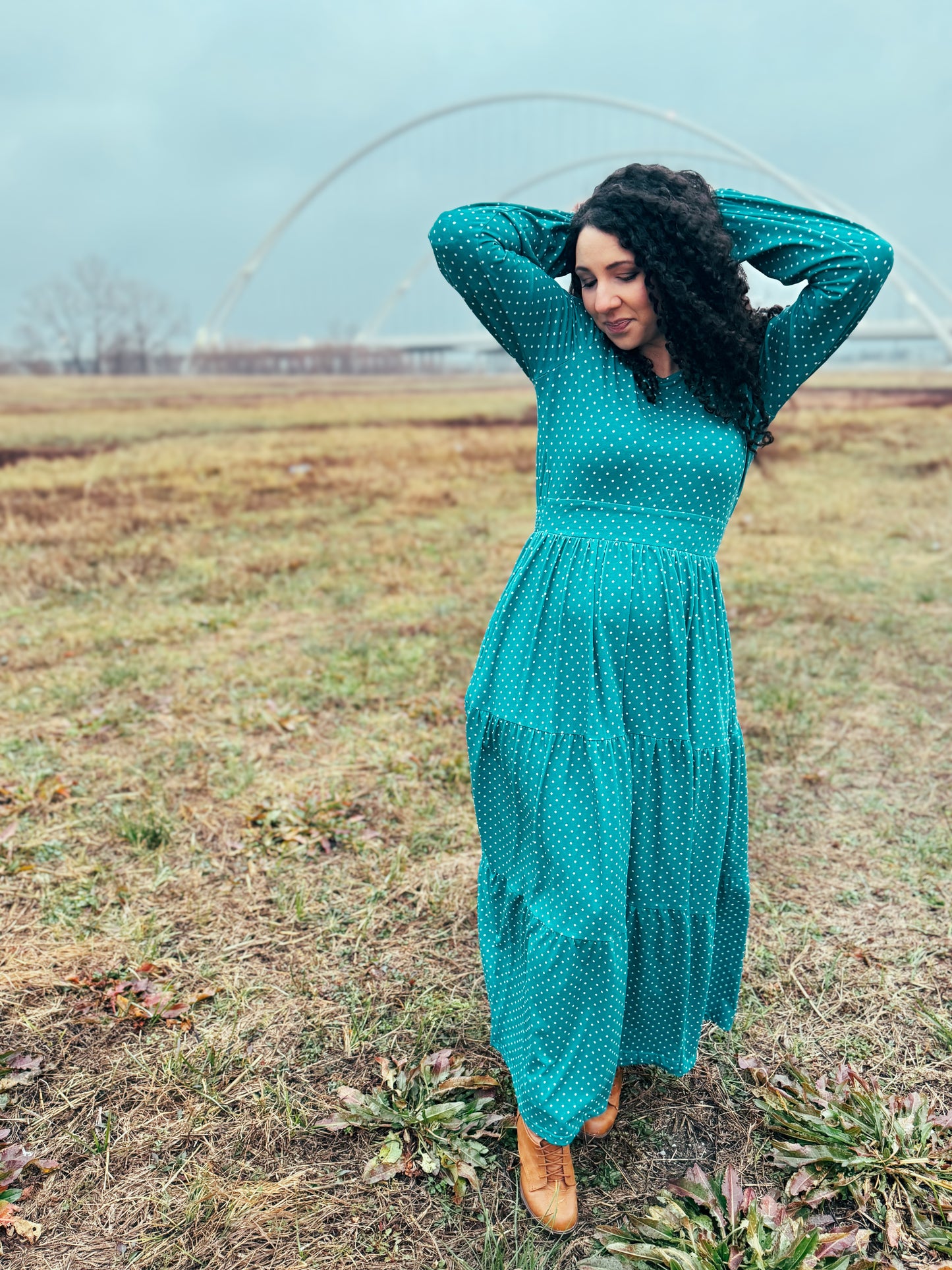 woman wearing modest nursing dress