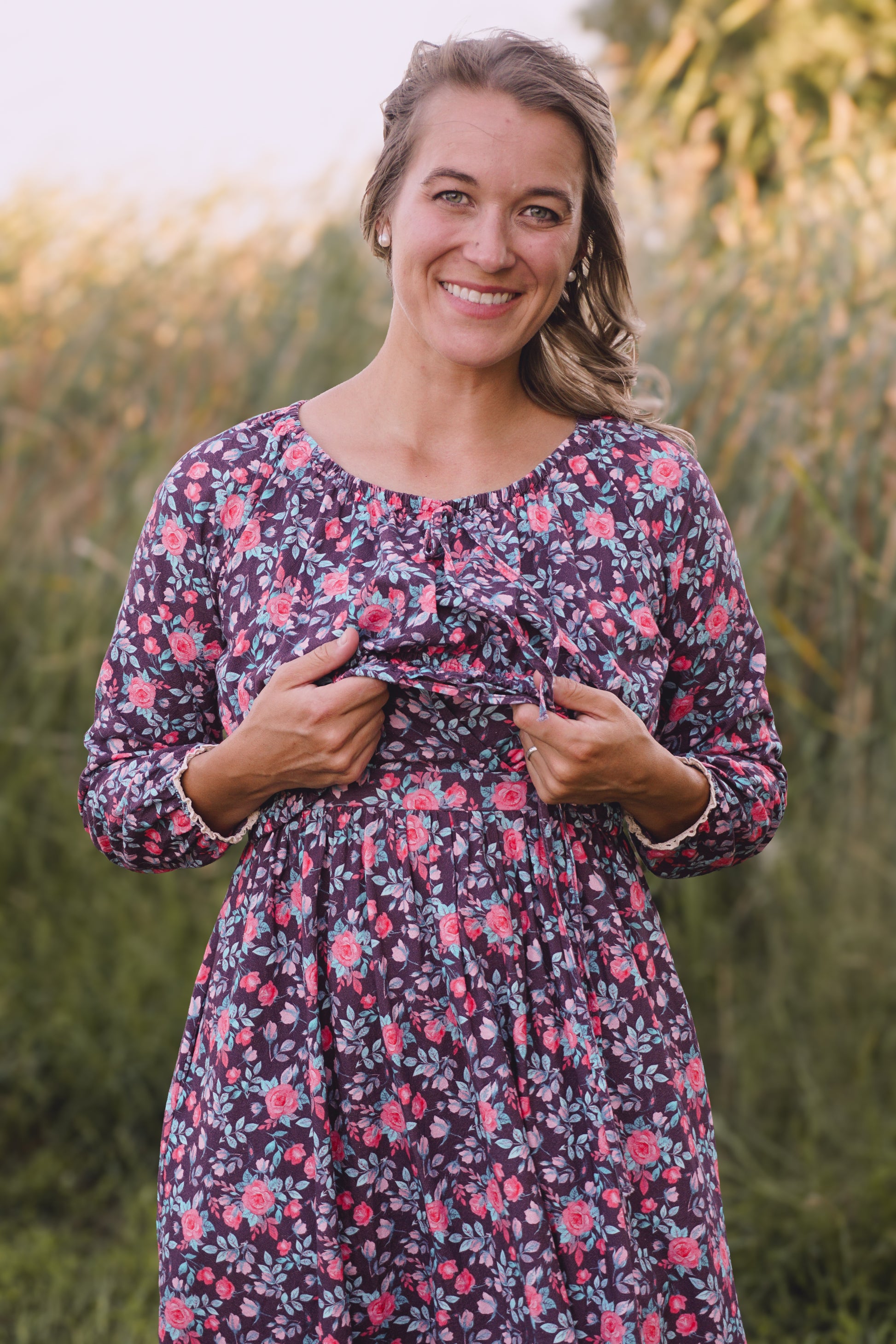 modest nursing floral dress outdoor setting
