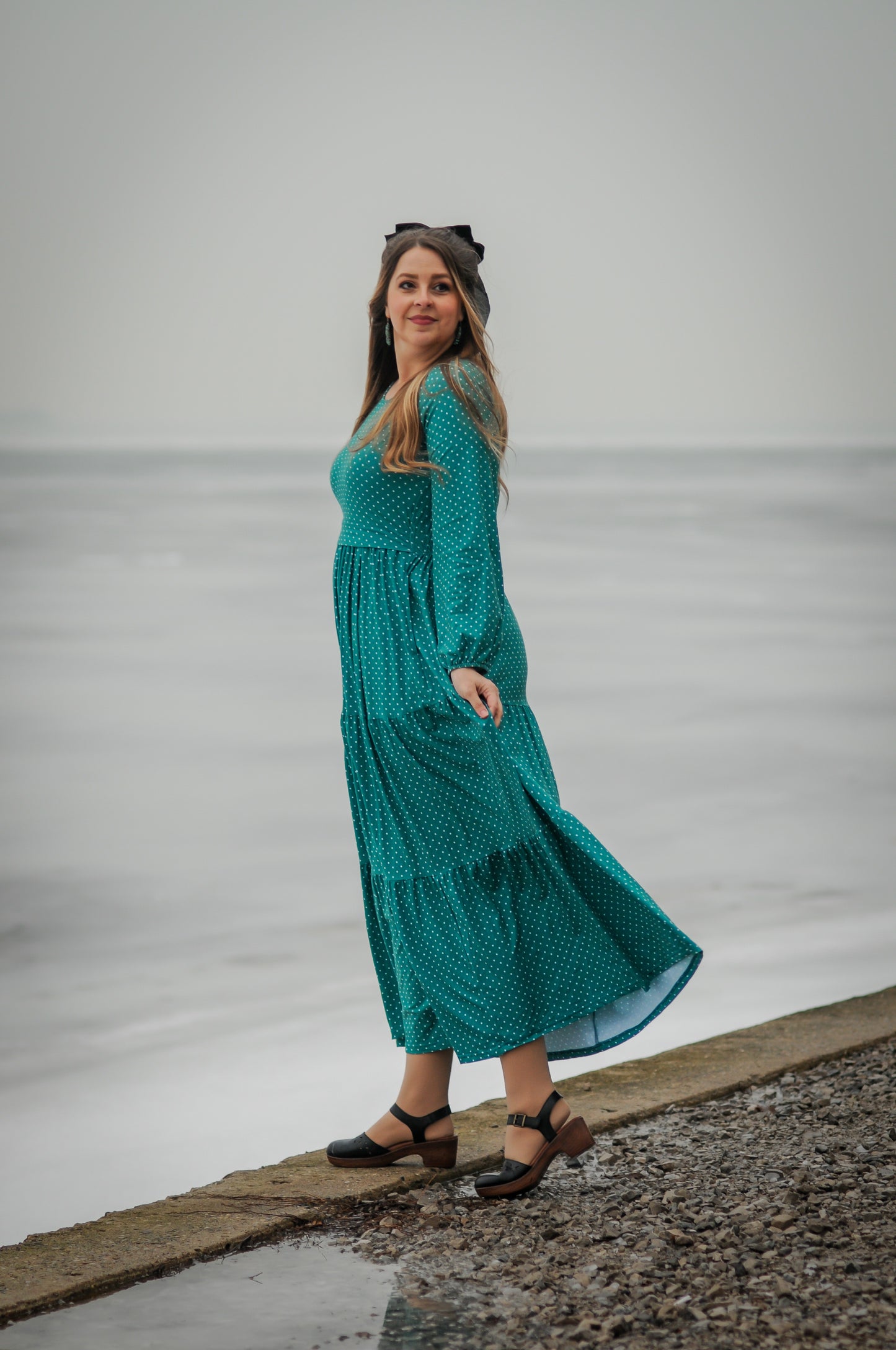 woman wearing modest nursing dress