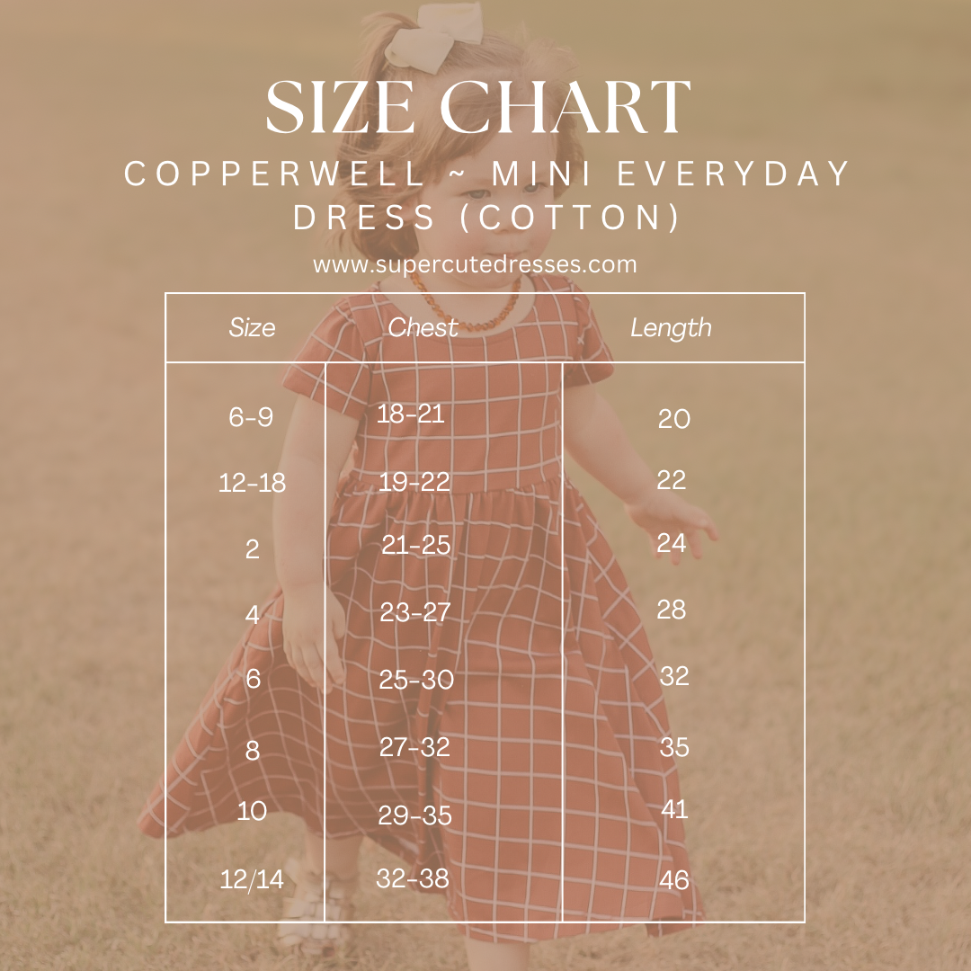 Size chart for modest nursing-friendly dress.