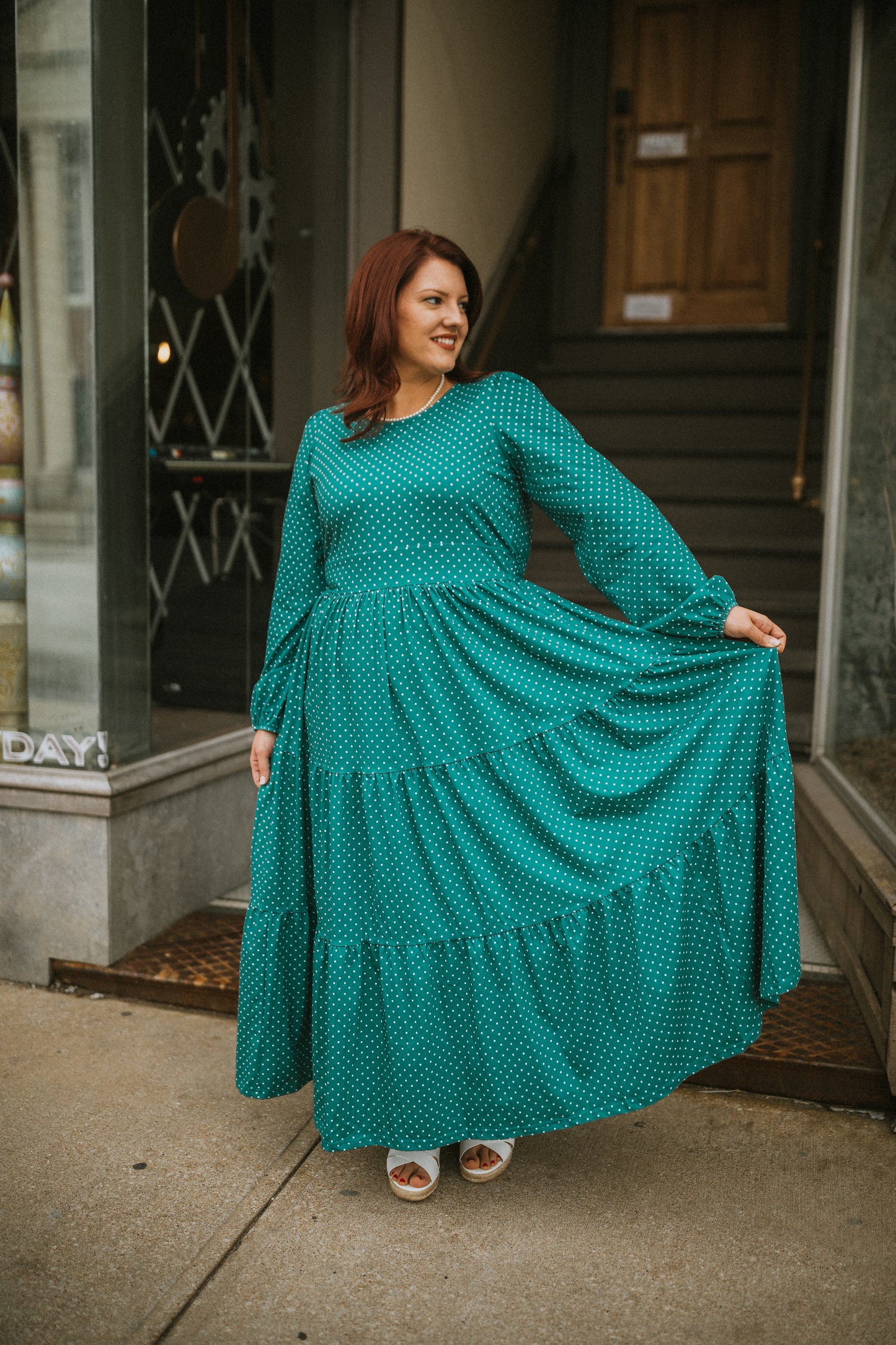 woman wearing modest nursing dress