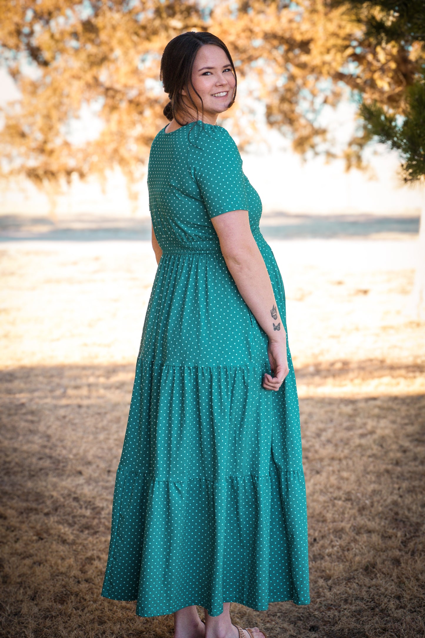 woman wearing modest nursing dress
