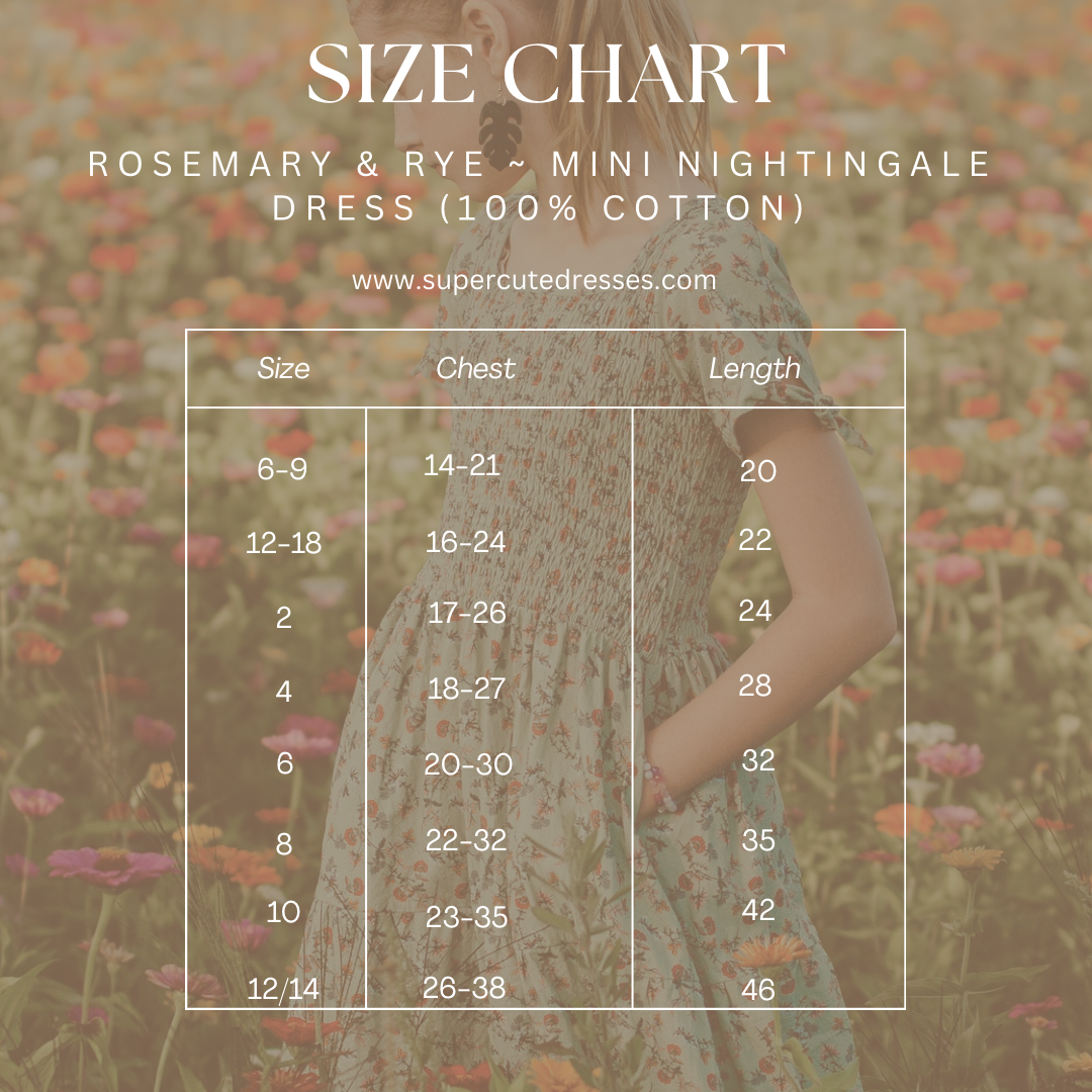 Size chart for Rosemary & Rye Mini Nightingale dress with a blurred floral background