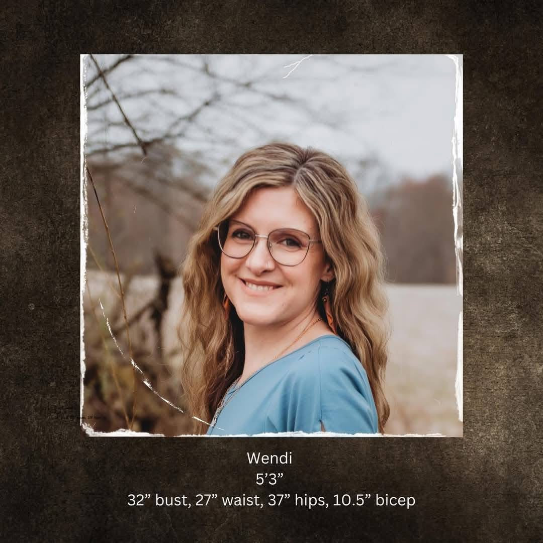 Woman with glasses and a blue shirt standing outdoors with text about her measurements.