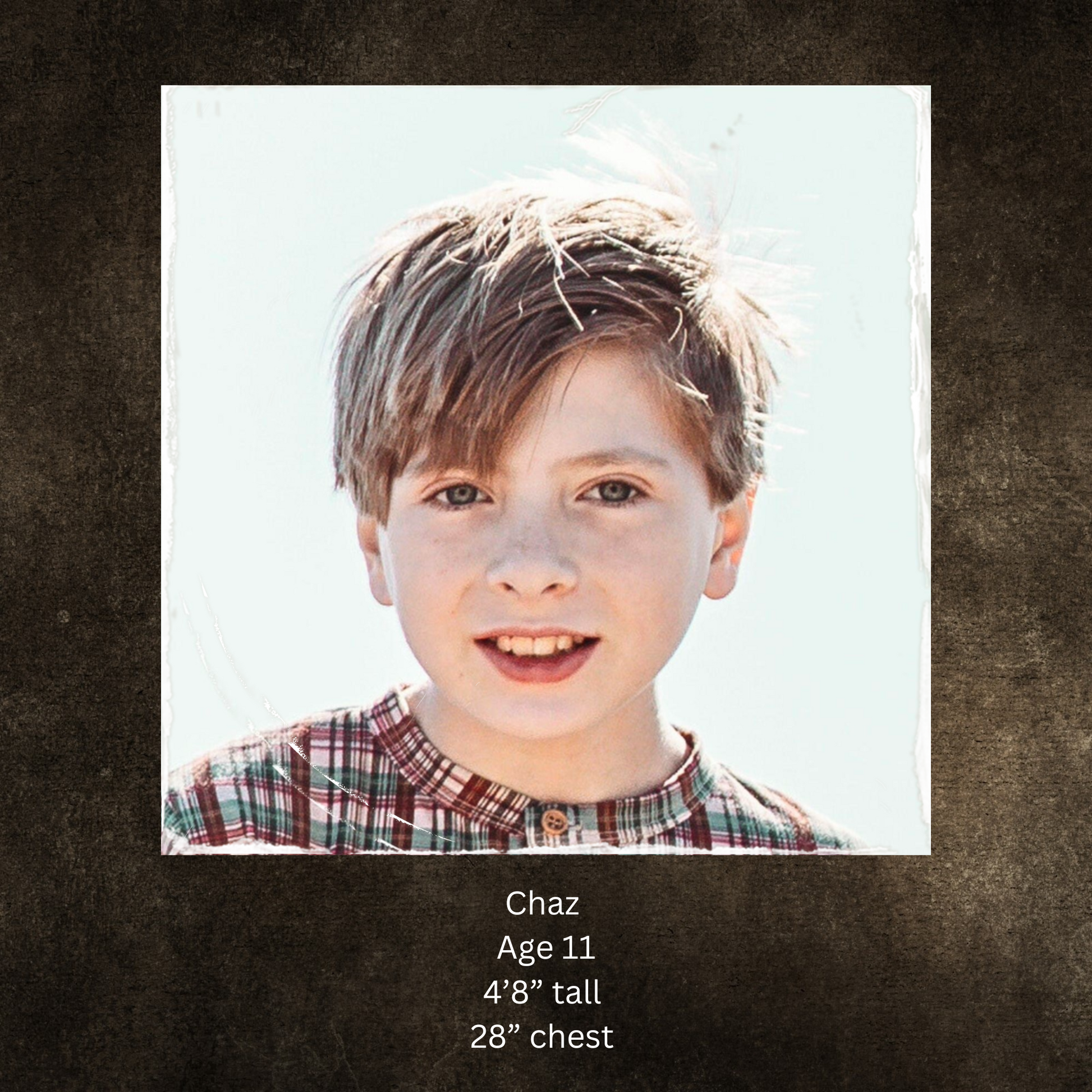 Young boy with text indicating his name, age, height, and chest measurement on a dark background