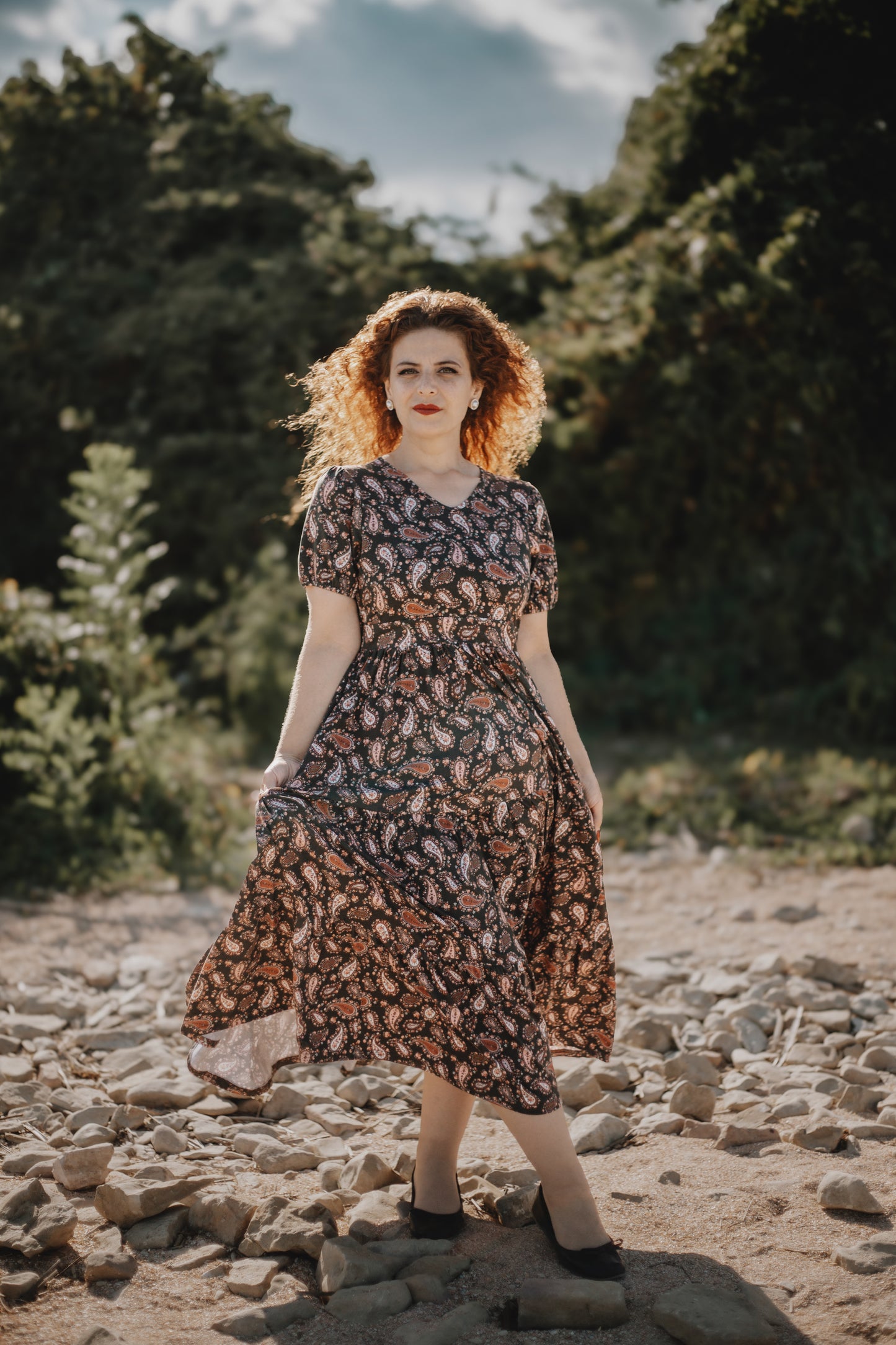 woman wearing a modest nursing floral dress