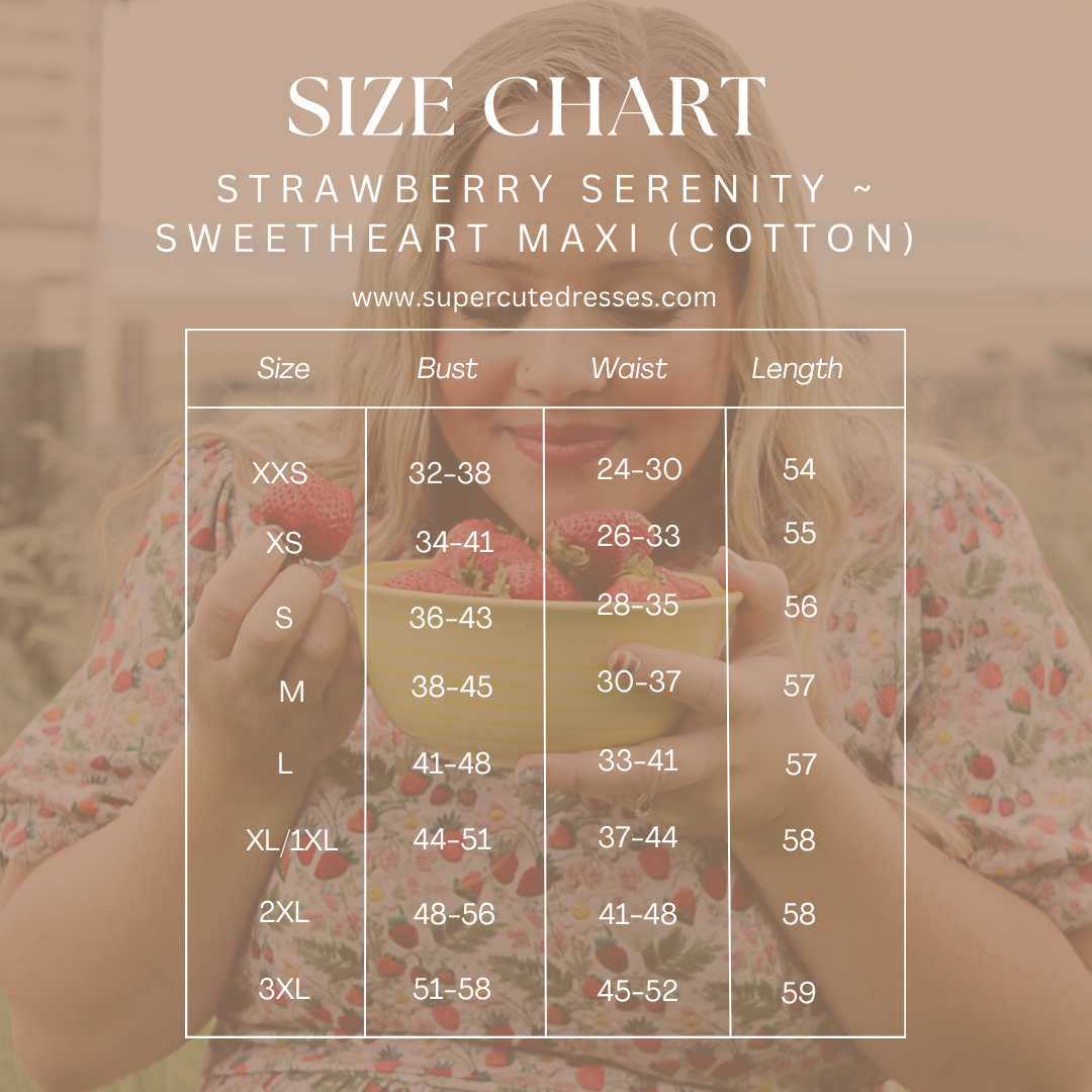 Size chart for Strawberry Serenity Sweetheart Maxi Cotton dress with a blurred background