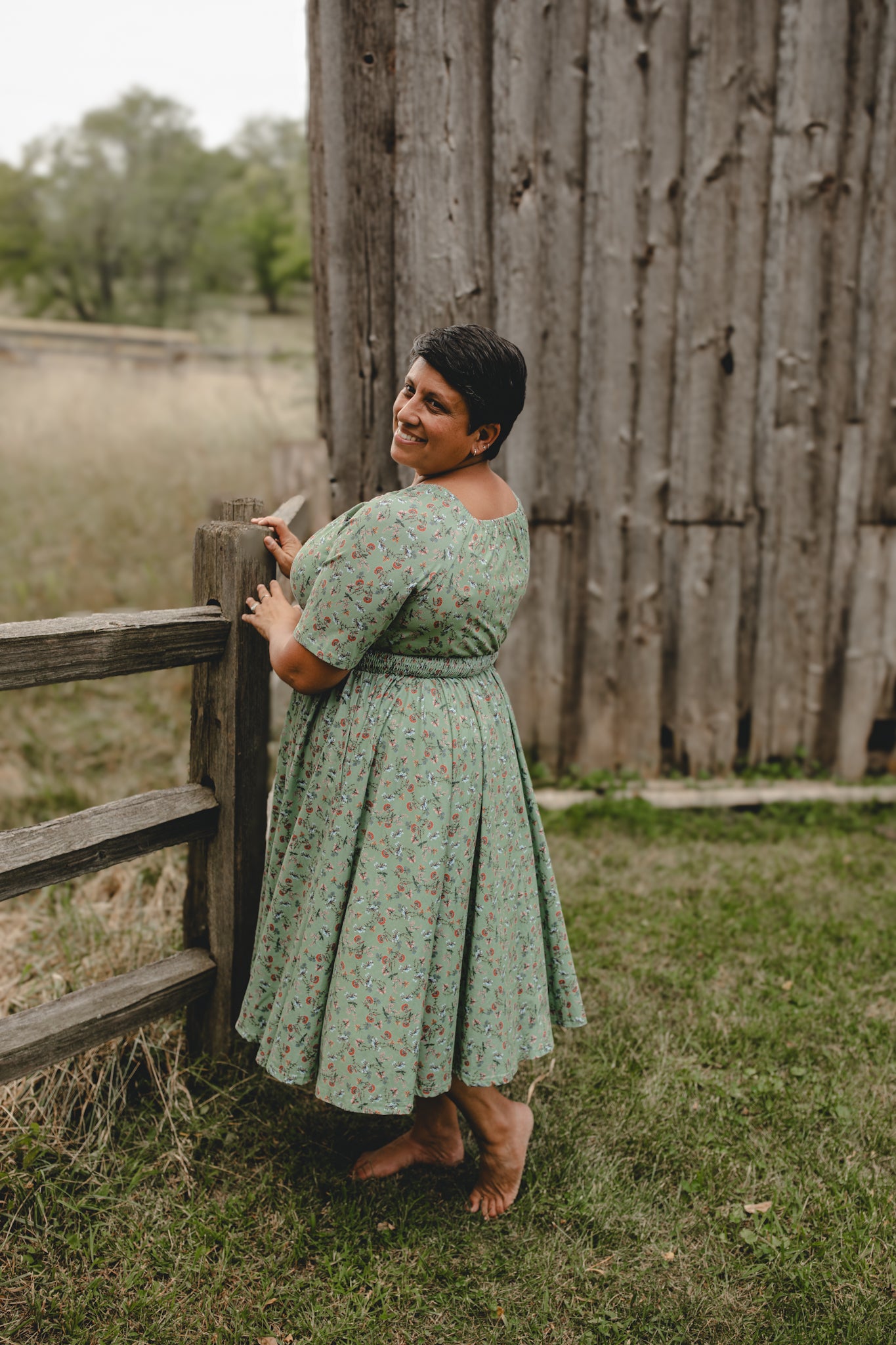 Woman in modest nursing dress outdoors