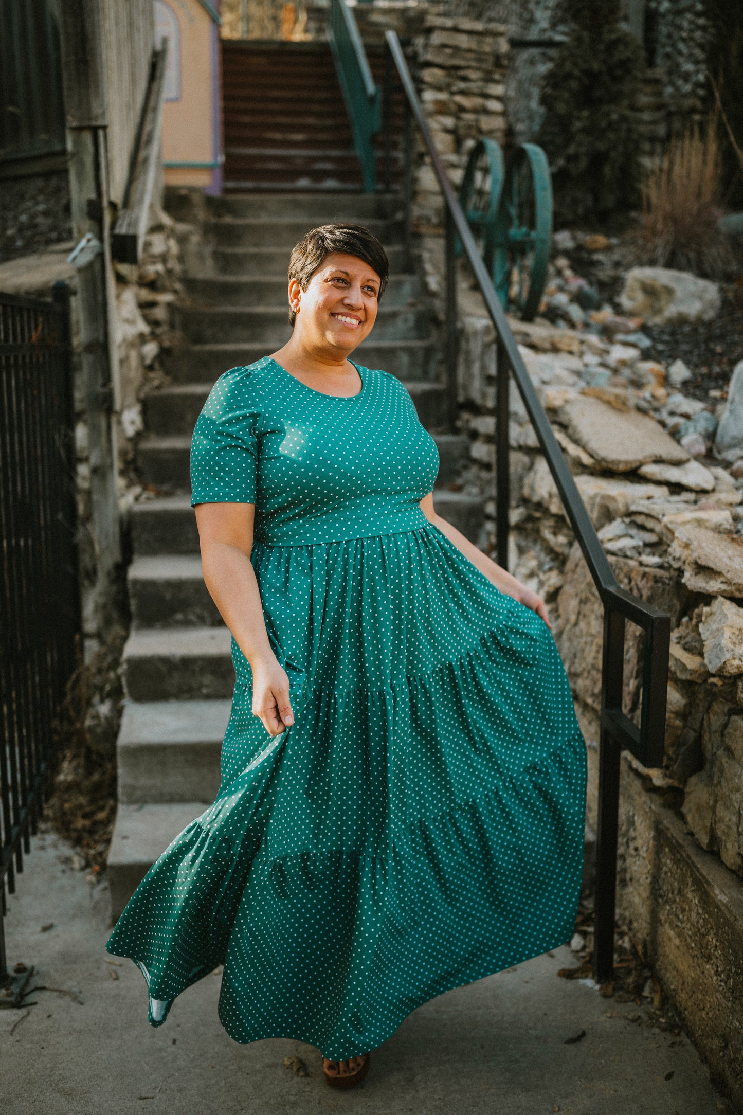 woman wearing modest nursing dress