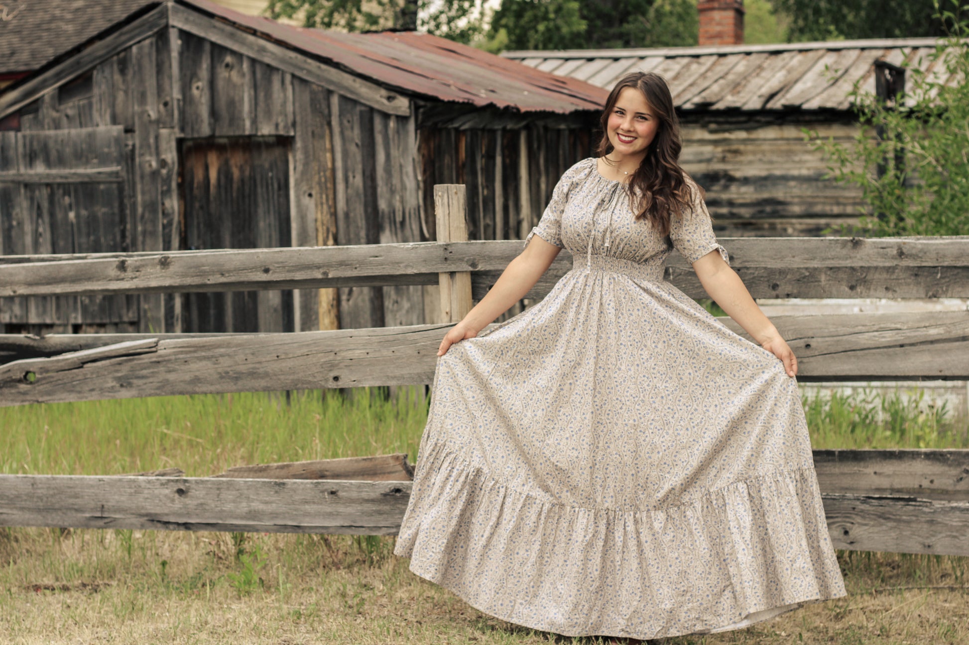 woman in patterned modest nursing dress