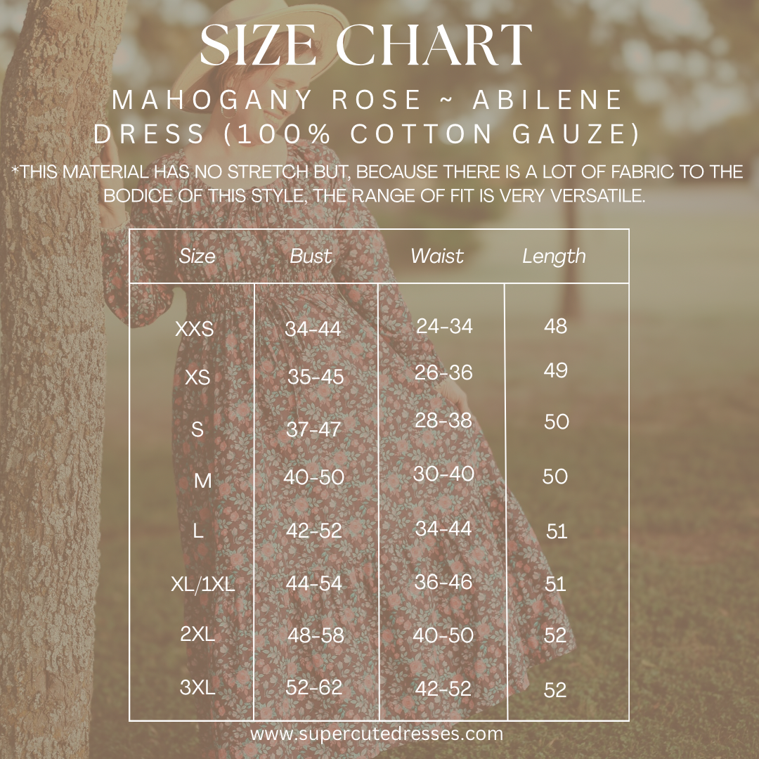 Size chart for Abilene dress