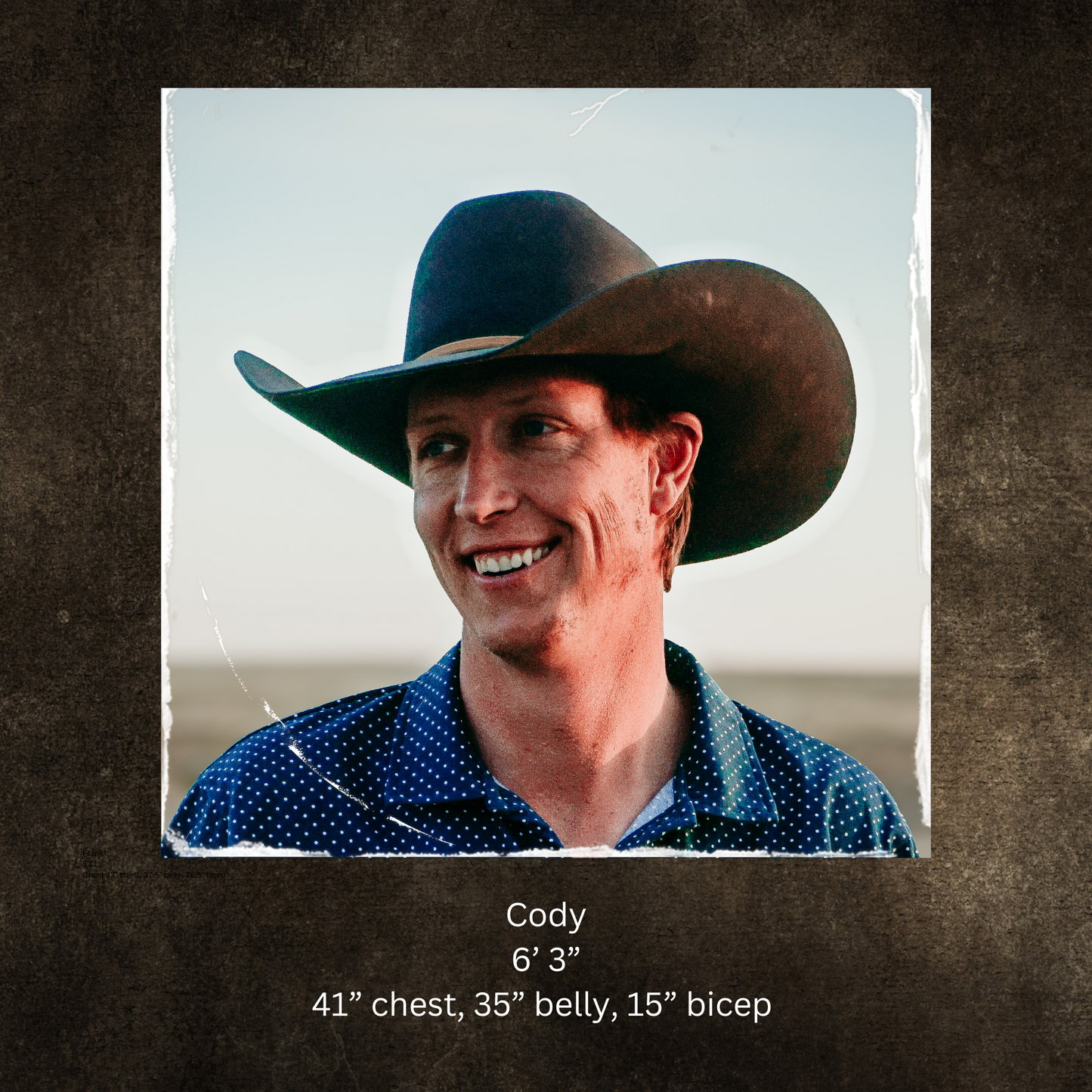 Man wearing a cowboy hat with text about his height, chest, belly, and bicep measurements on a dark background.