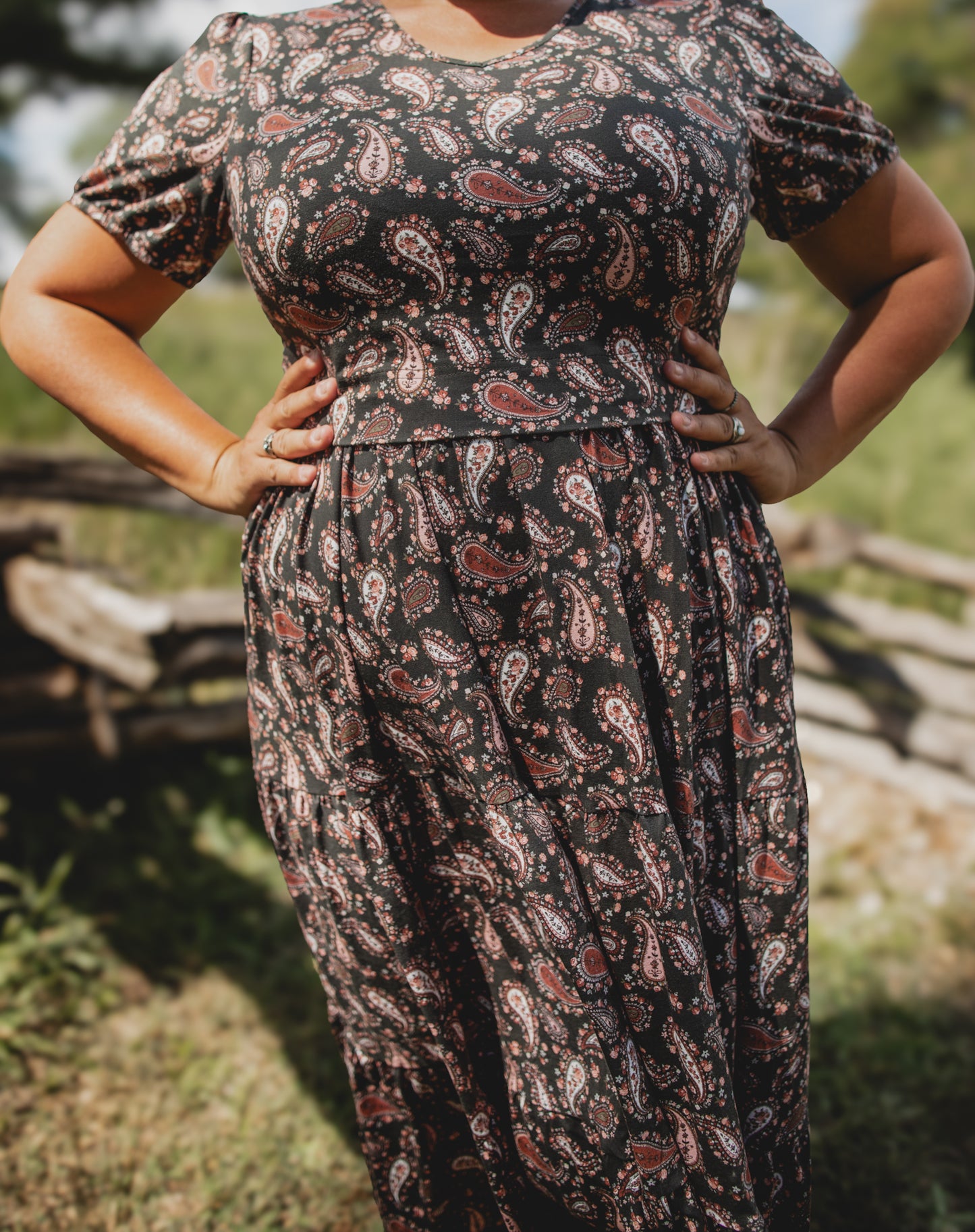 woman wearing a modest nursing floral dress