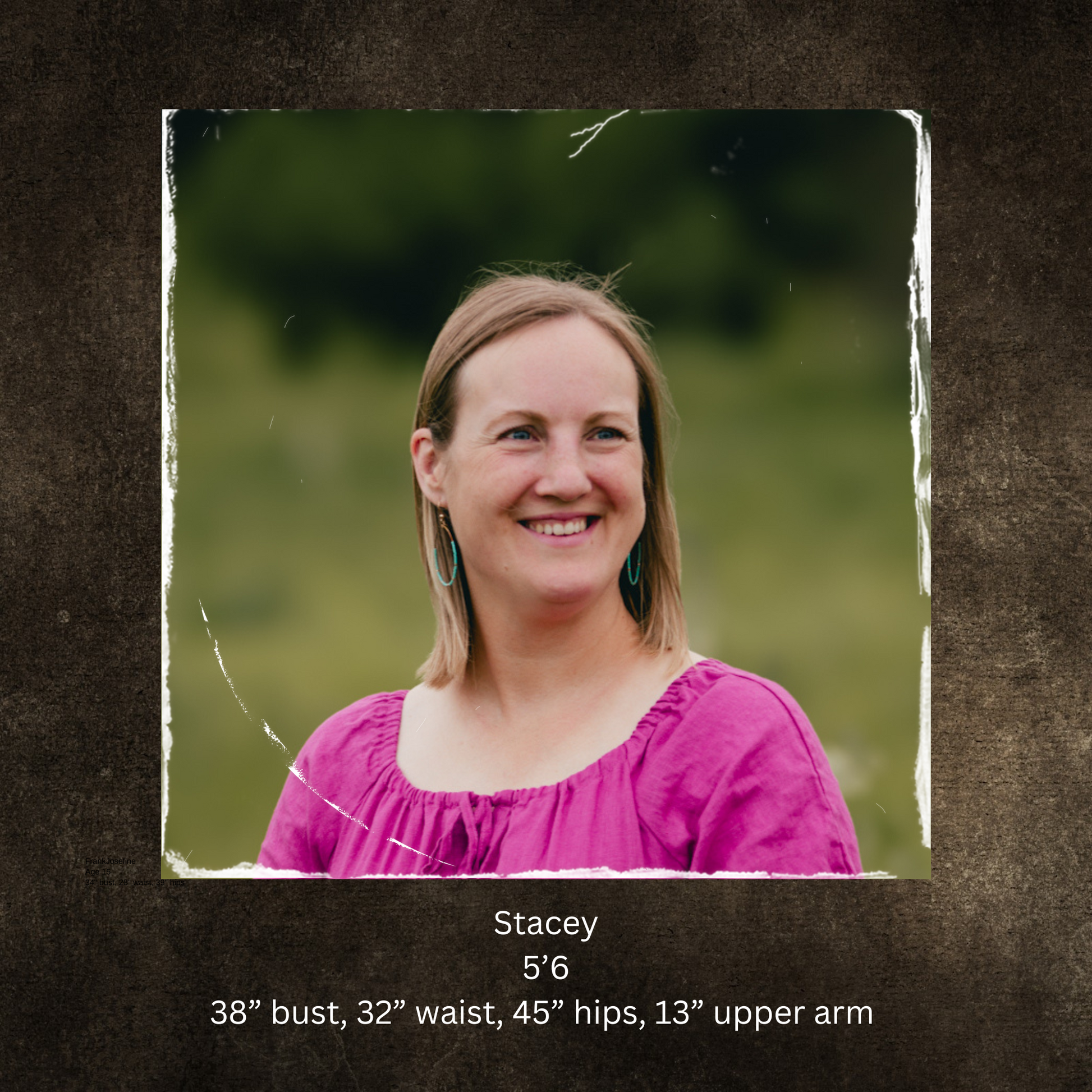 Woman in a pink shirt with text about measurements on a brown border
