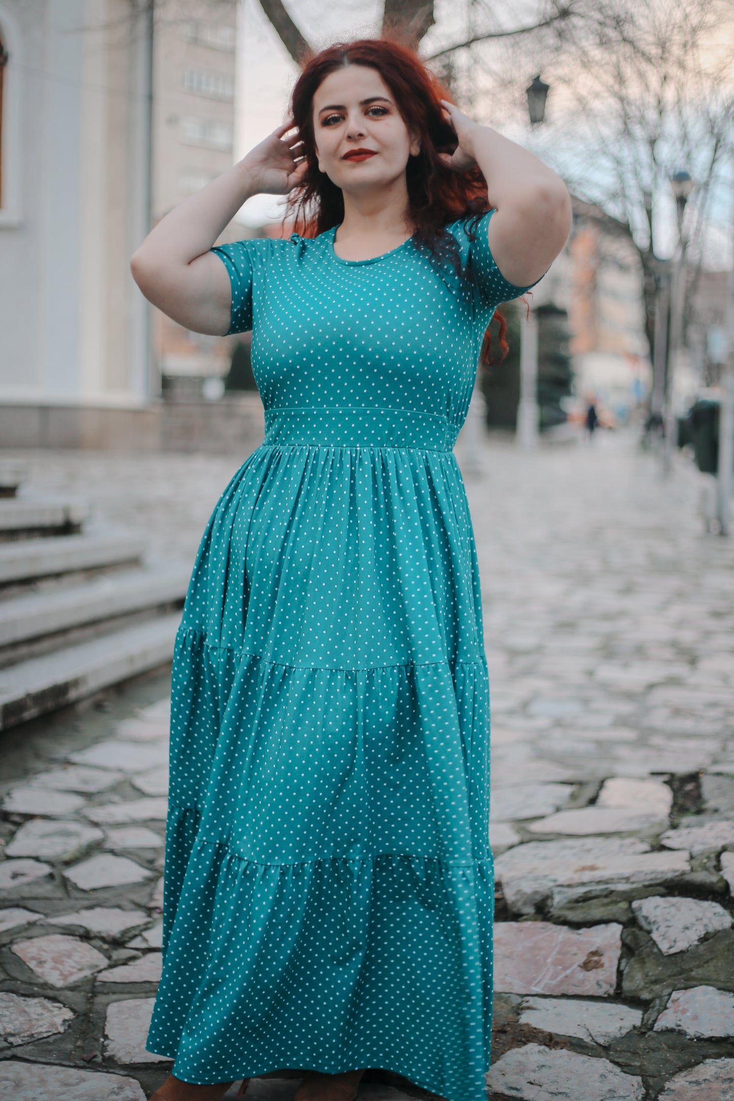 woman wearing modest nursing dress