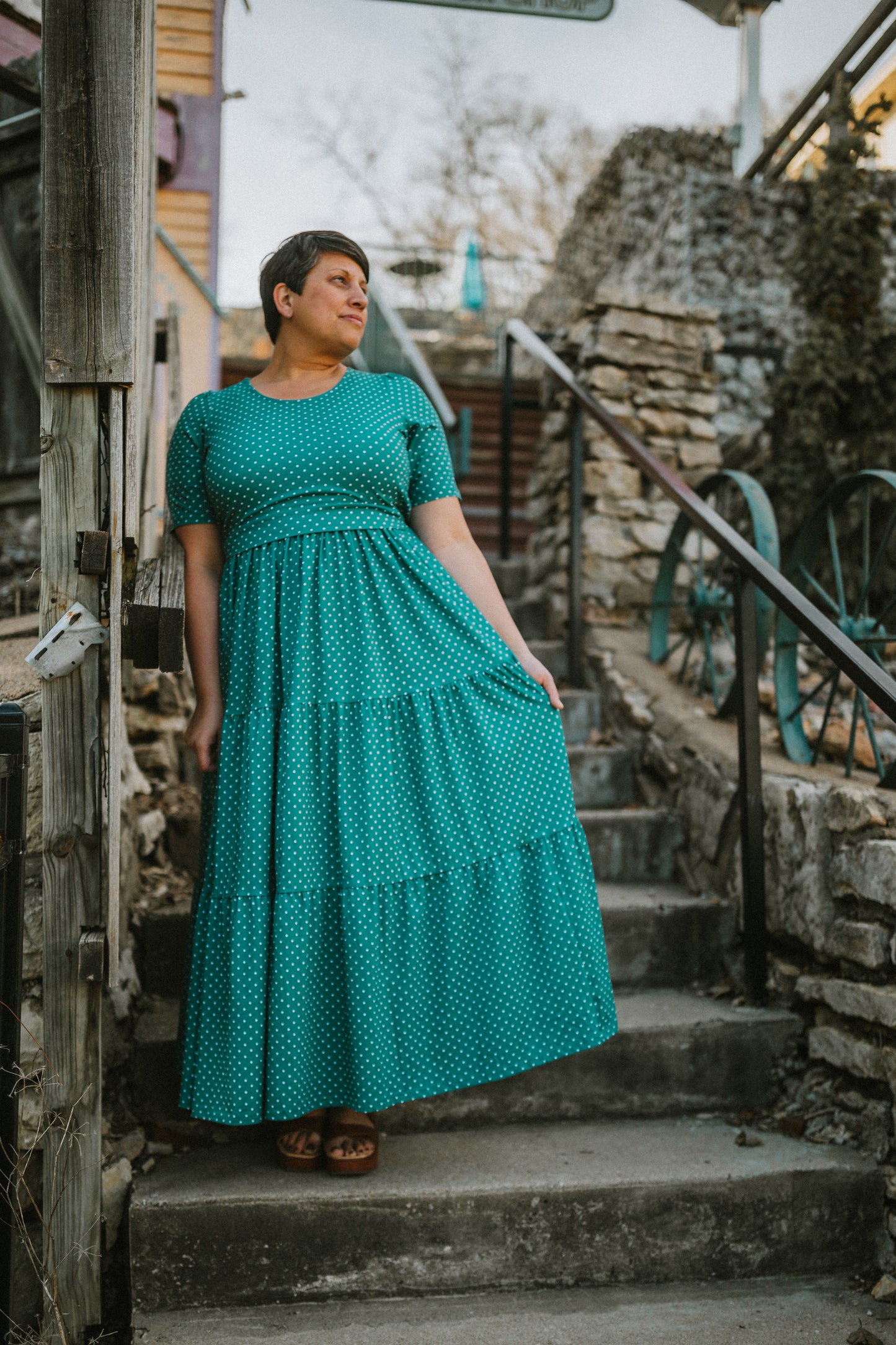 woman wearing modest nursing dress