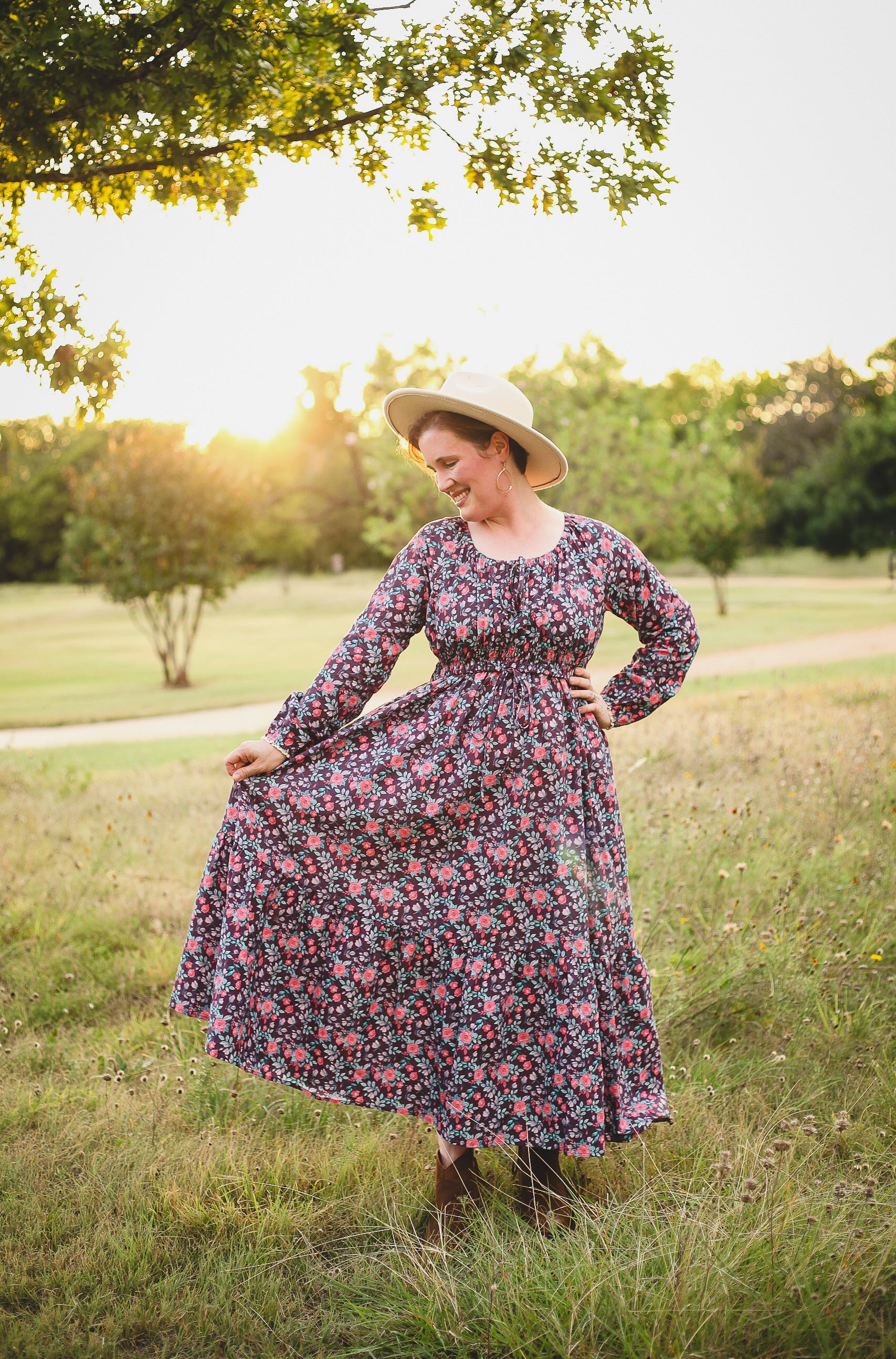 Woman in modest nursing floral dress outdoors