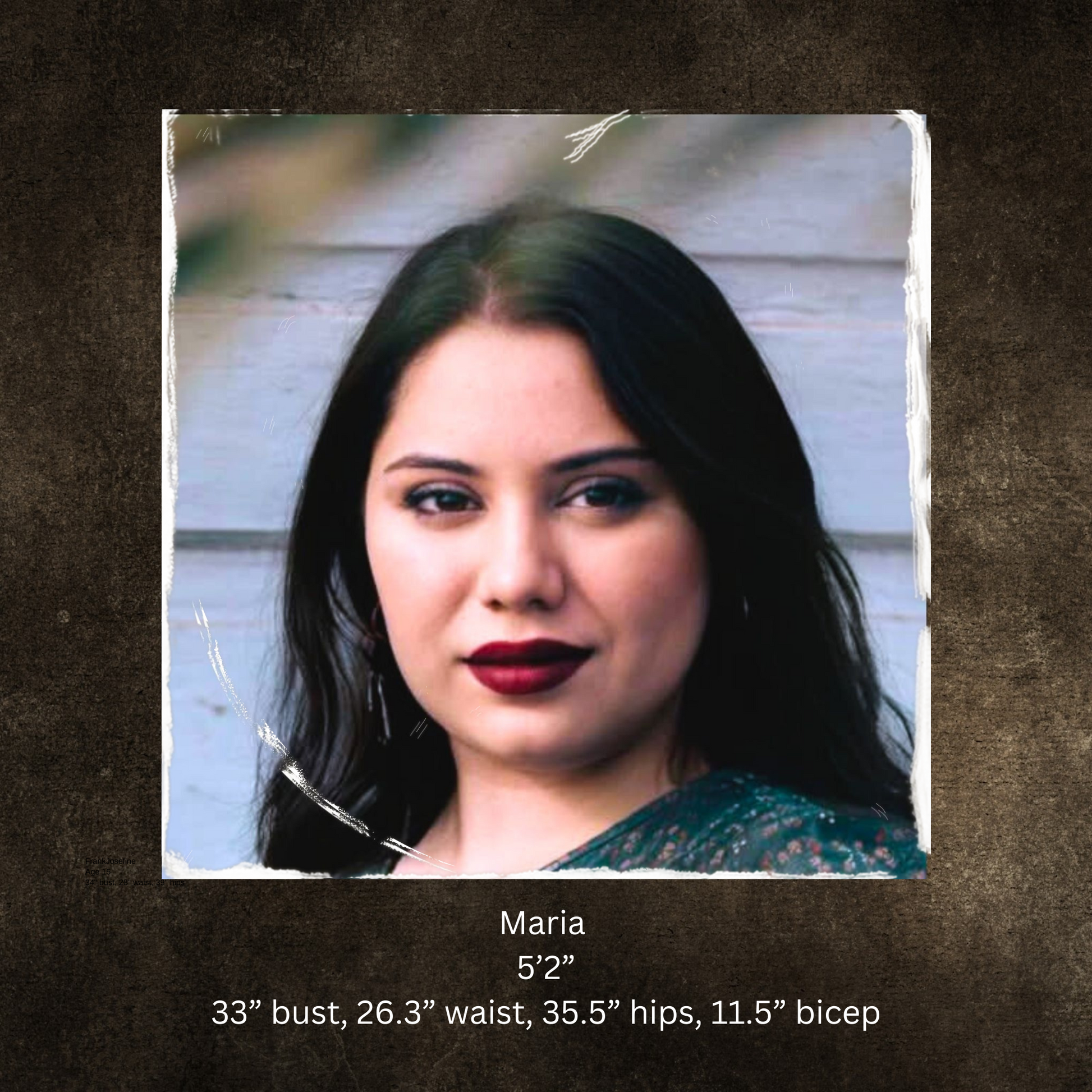 Portrait of a woman with text about her measurements on a textured brown background