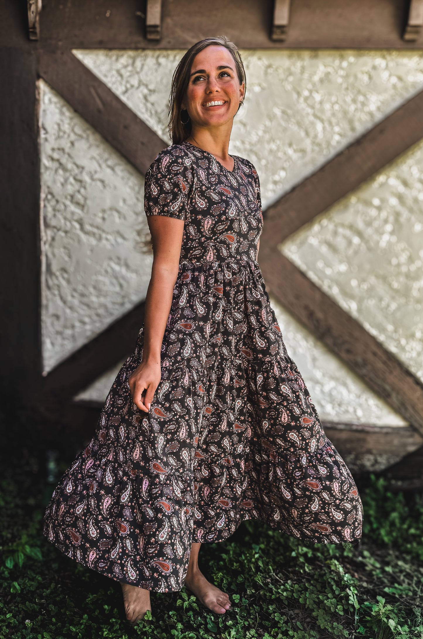 woman wearing a modest nursing floral dress