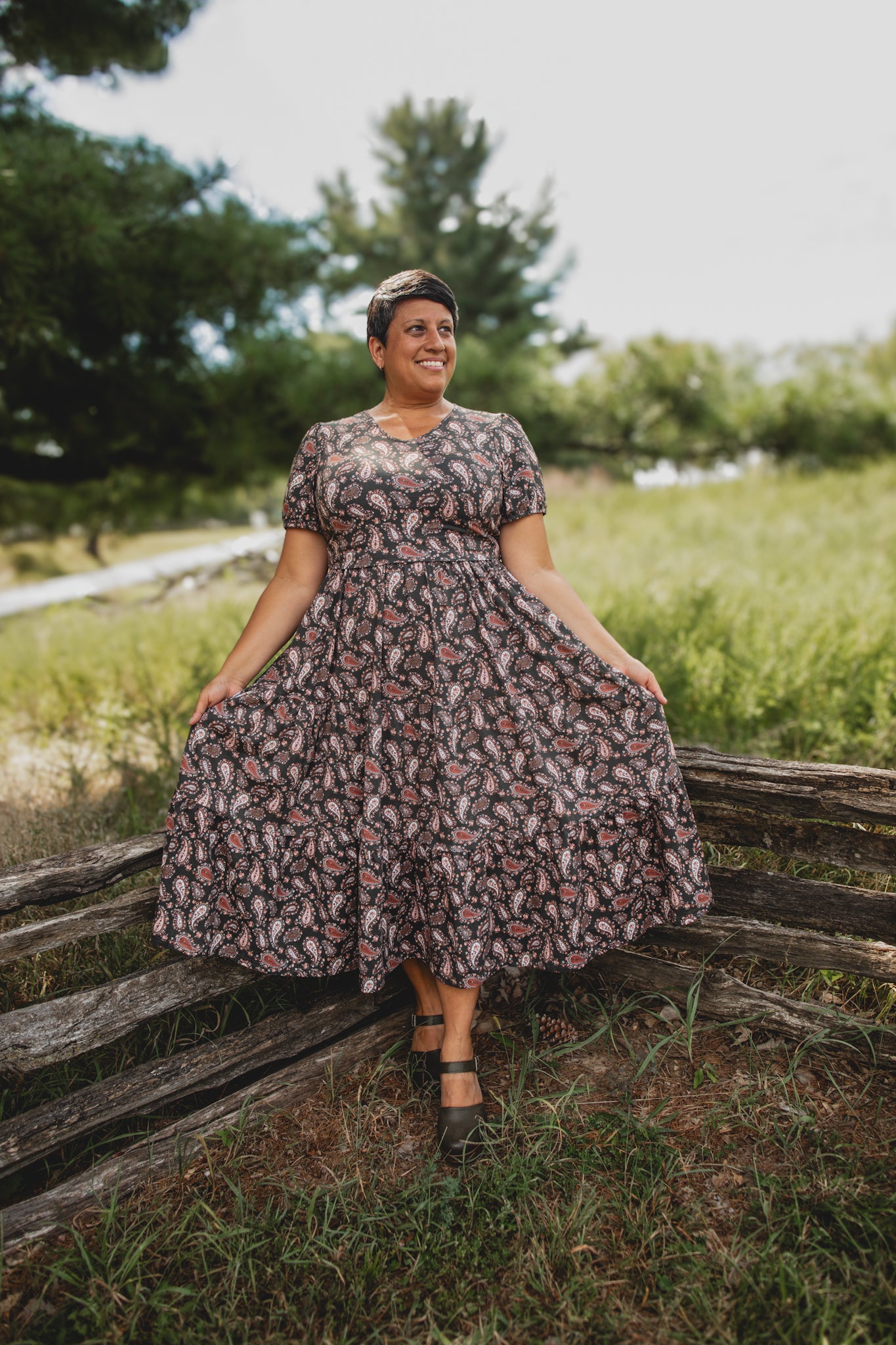 woman wearing a modest nursing floral dress