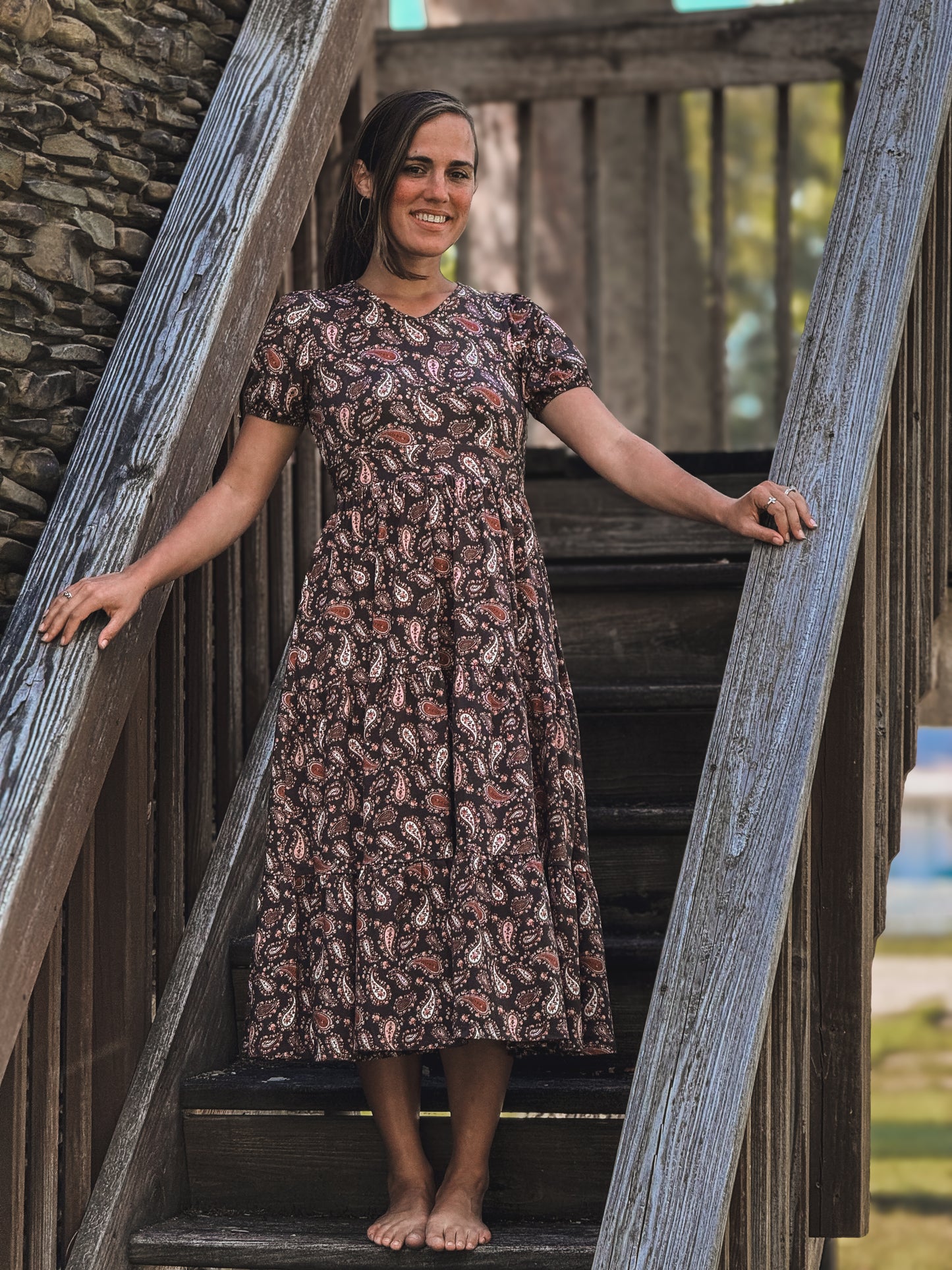 woman wearing a modest nursing floral dress