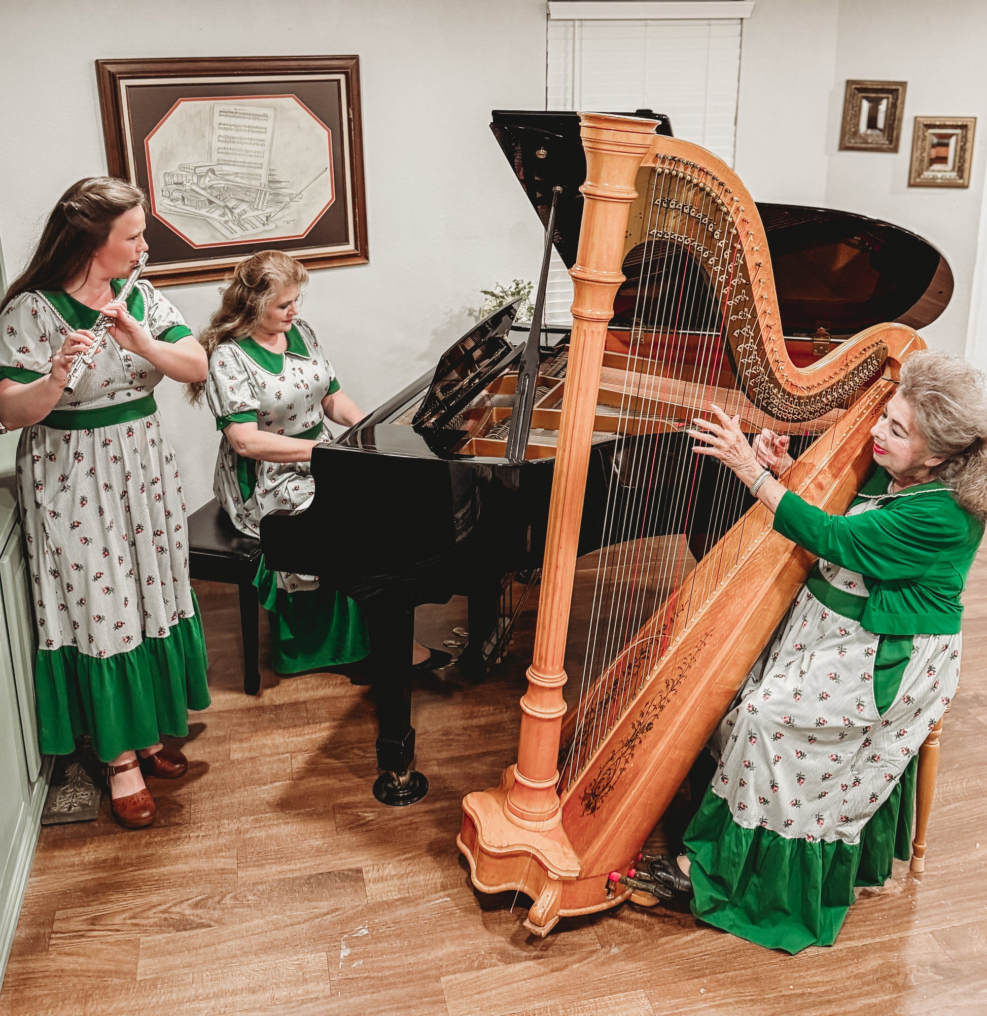 women wearing green and white striped modest nursing dresses