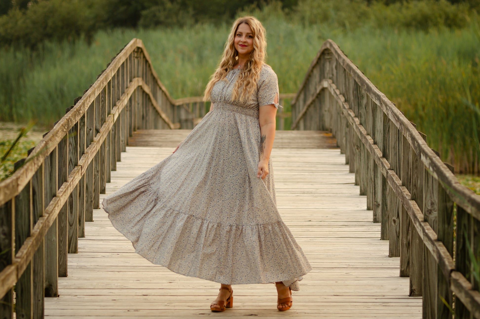 woman in patterned modest nursing dress