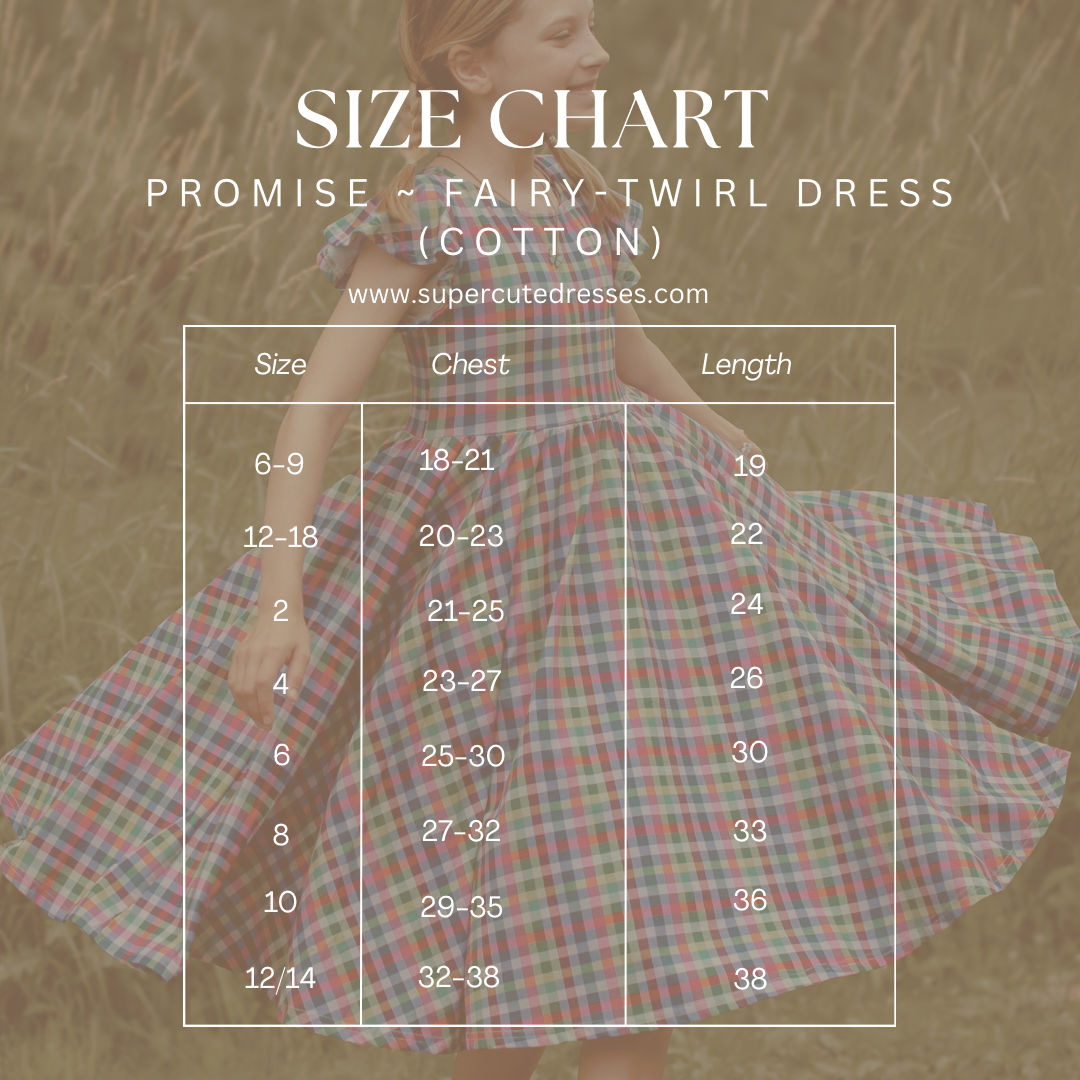 Size chart for a fairy-twirl dress with a model wearing the dress on a textured background.