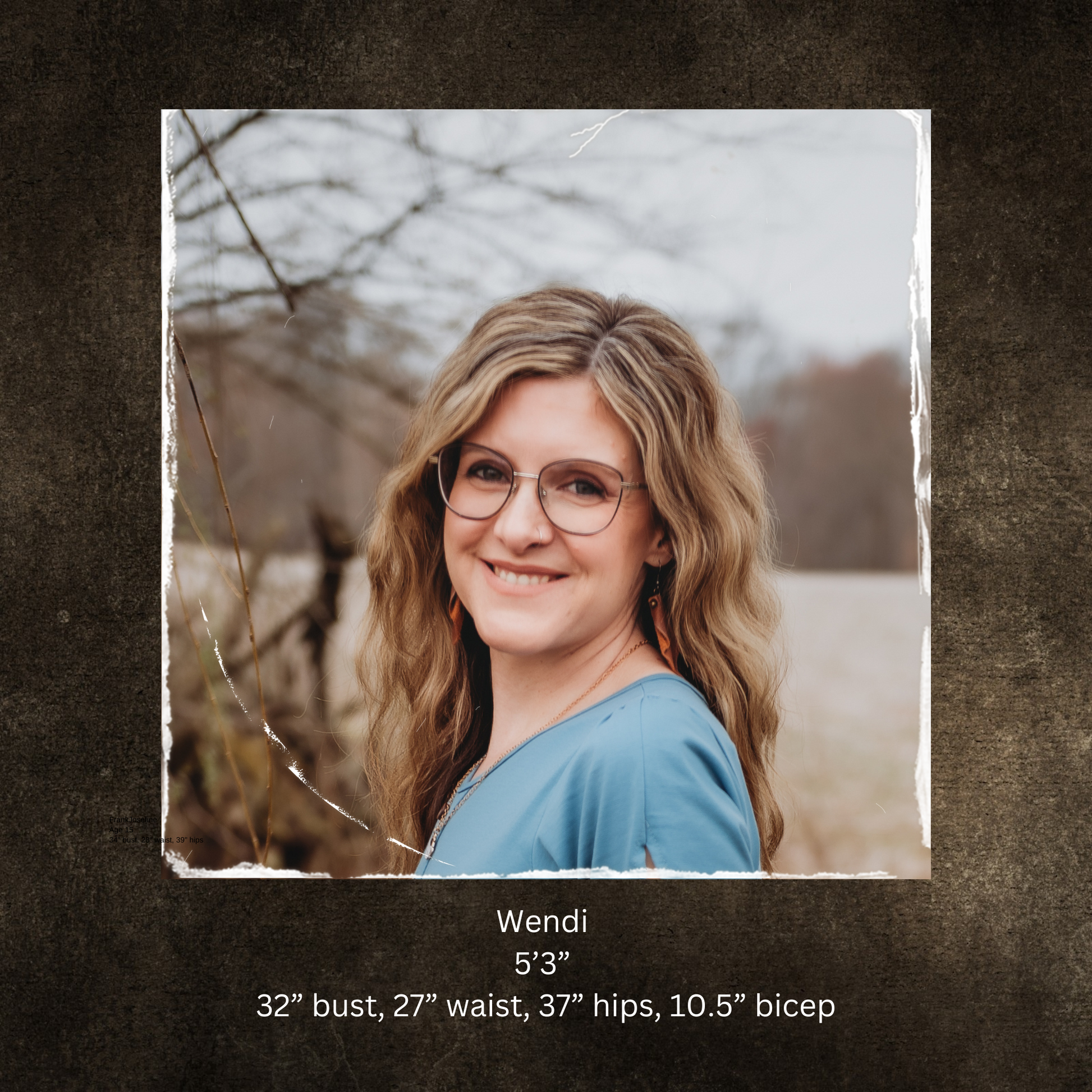 Woman with glasses and a blue shirt standing outdoors with text about her measurements.
