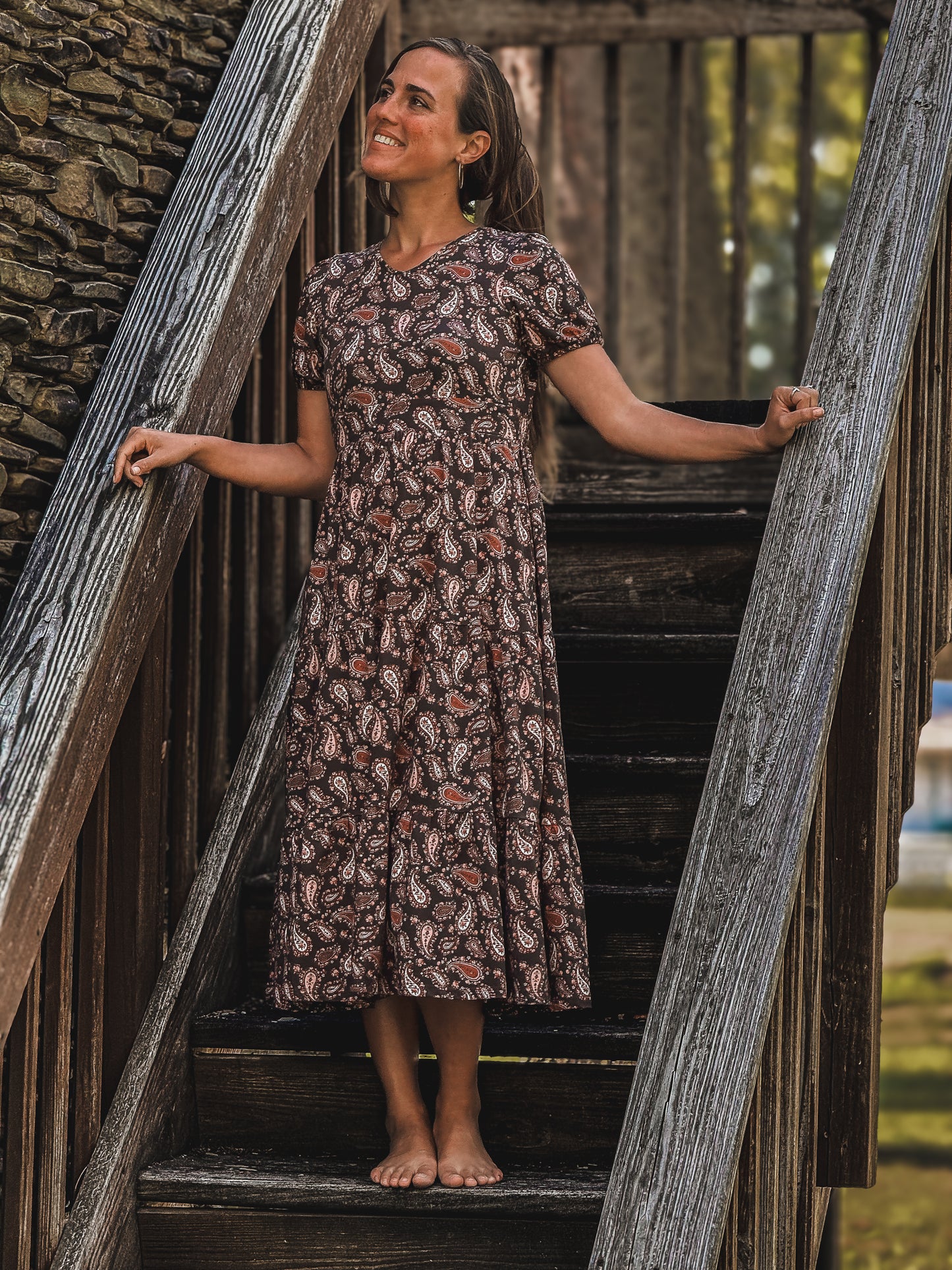 woman wearing a modest nursing floral dress